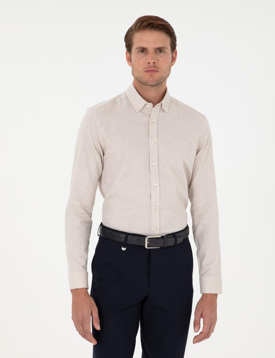 Bej Slim Fit Uzun Kollu Gömlek