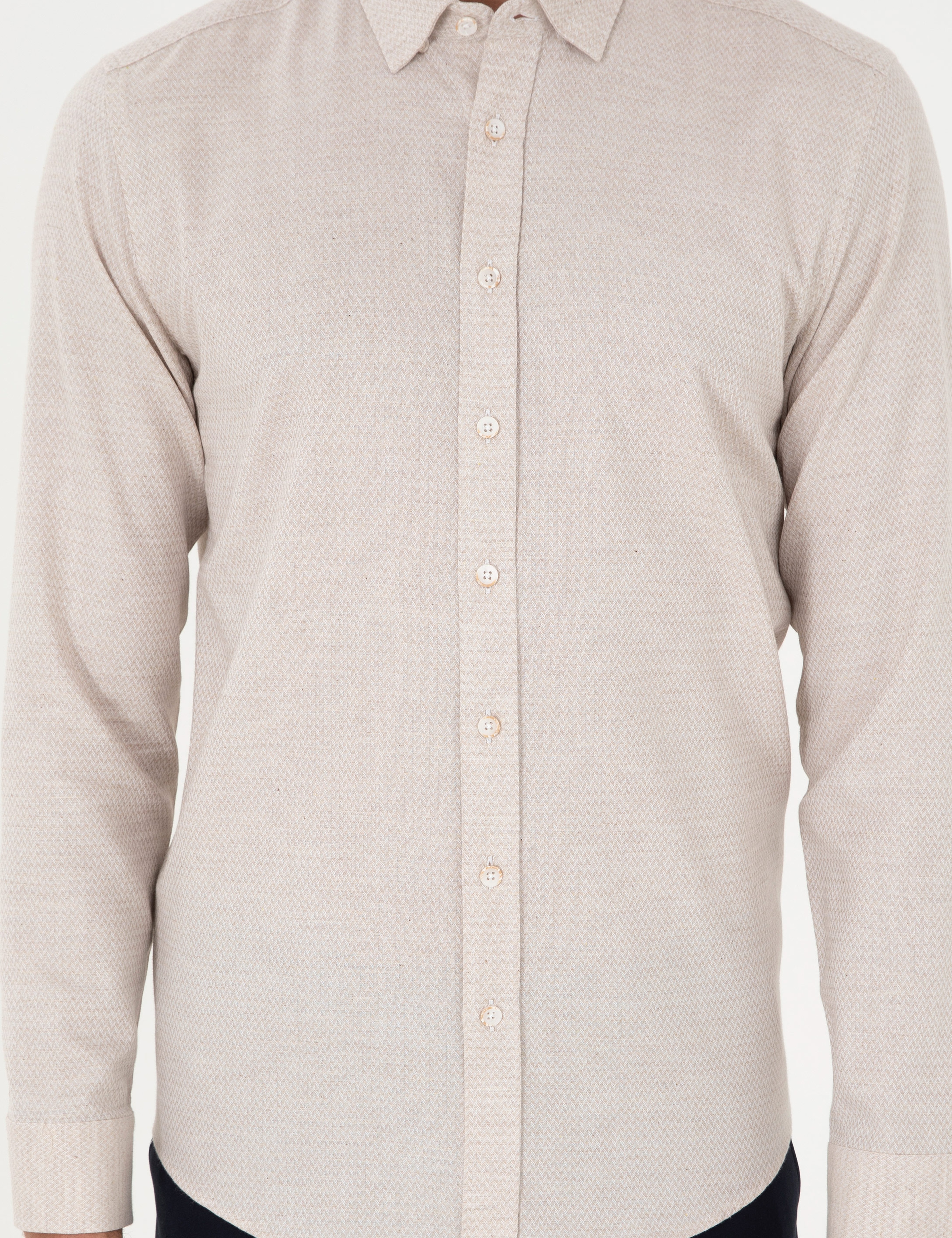 Bej Slim Fit Uzun Kollu Gömlek