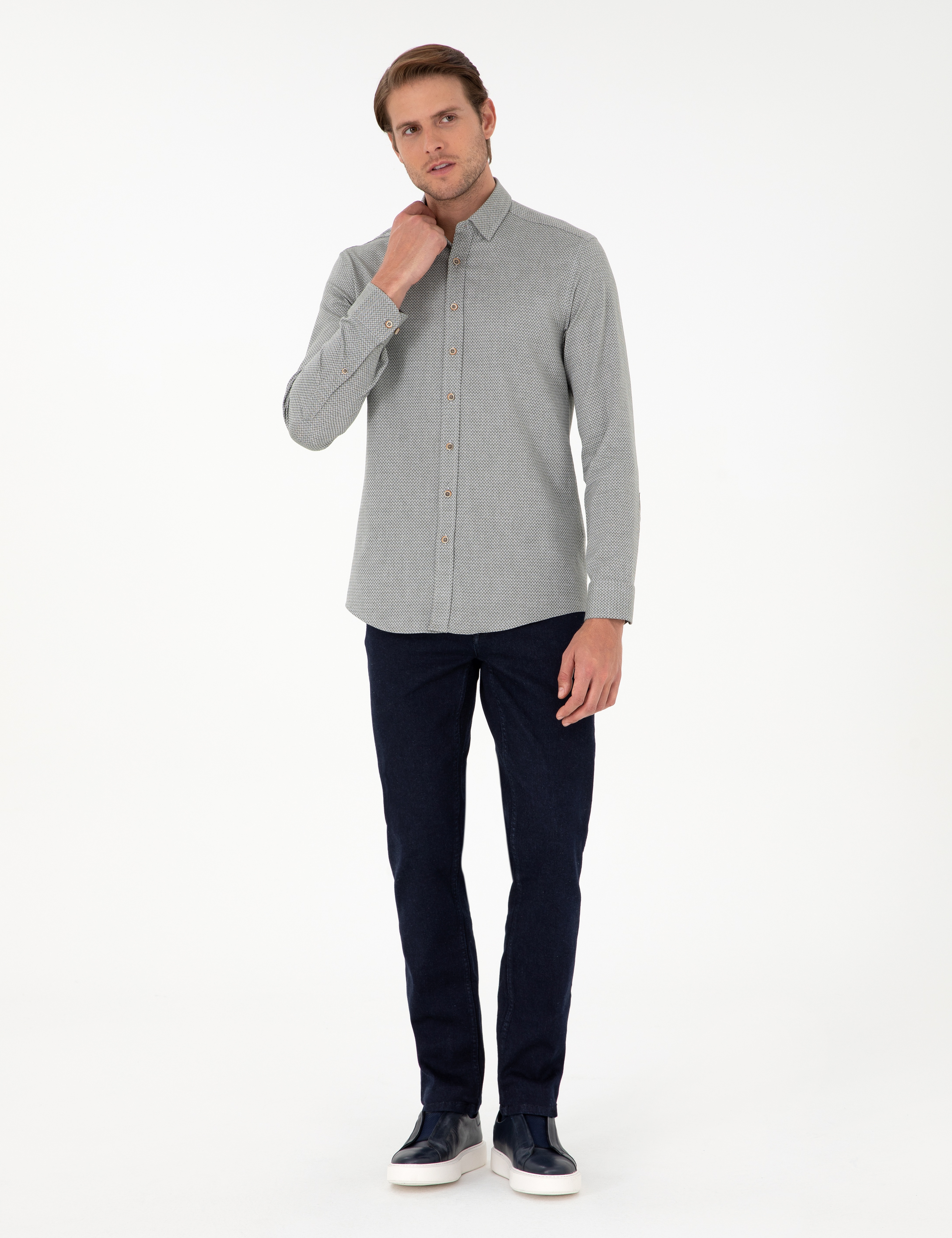Açık Haki Slim Fit Uzun Kollu Gömlek - Image 4