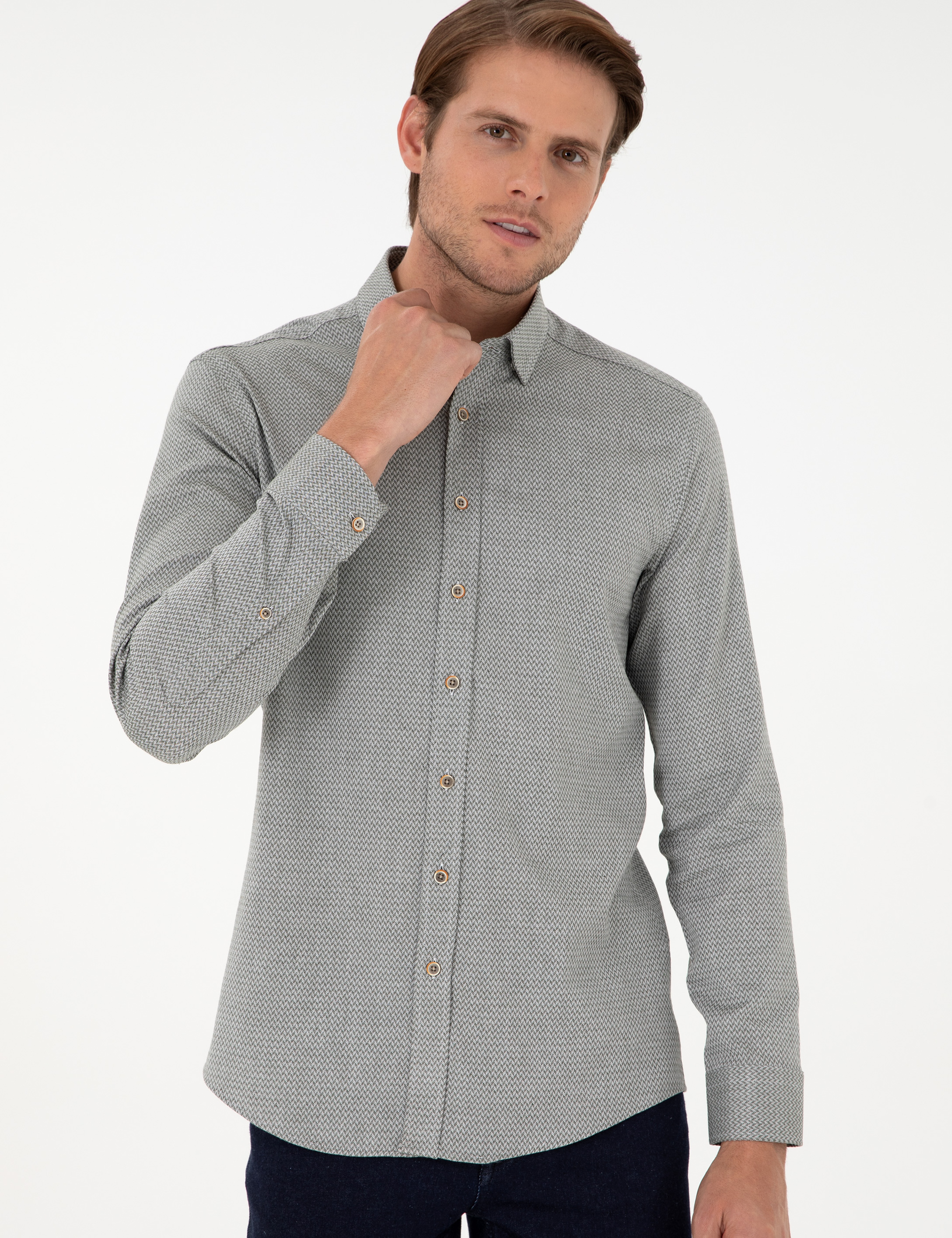 Açık Haki Slim Fit Uzun Kollu Gömlek - Image 3