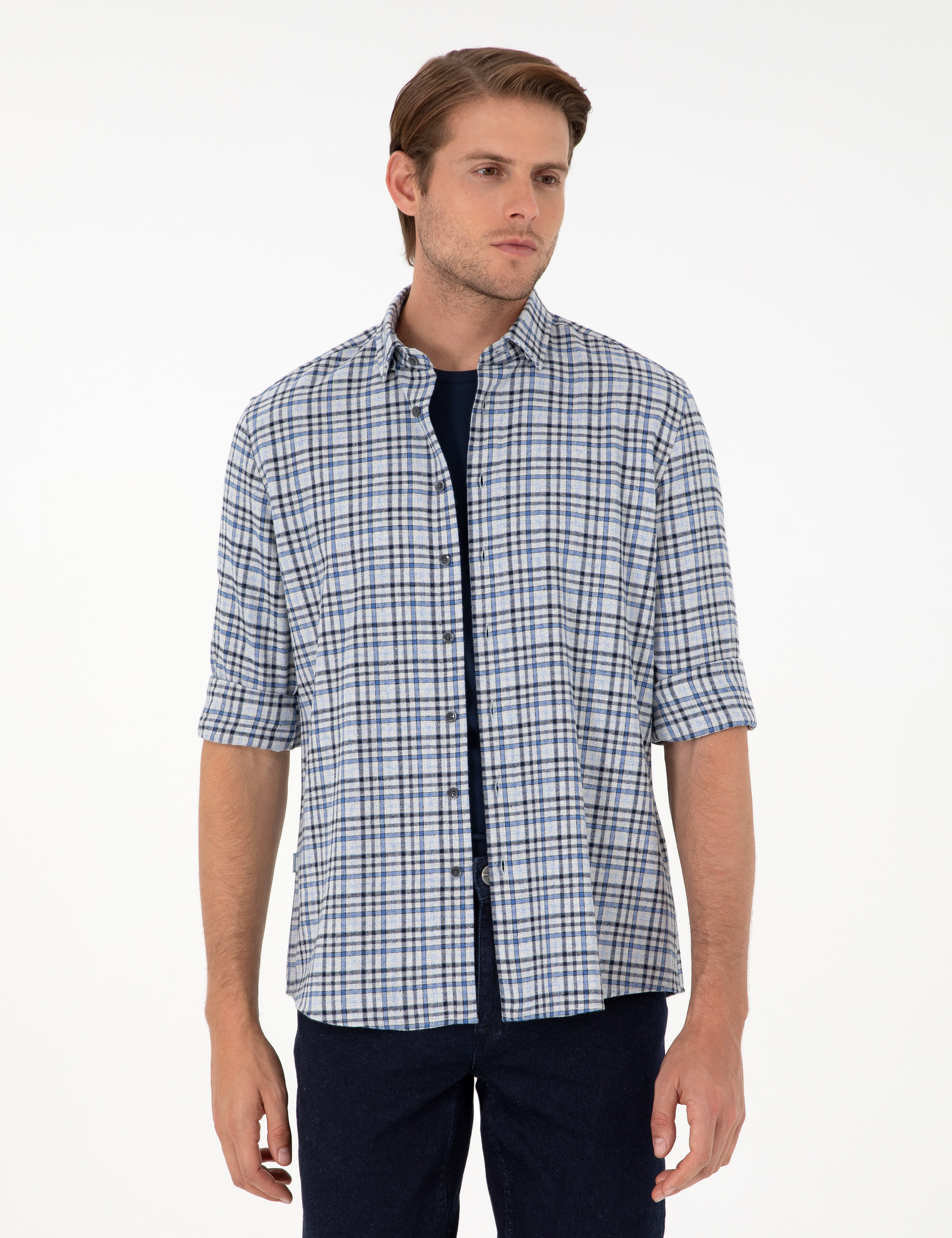 İndigo Regular Fit Ekose Oduncu Uzun Kollu Gömlek - Image 1