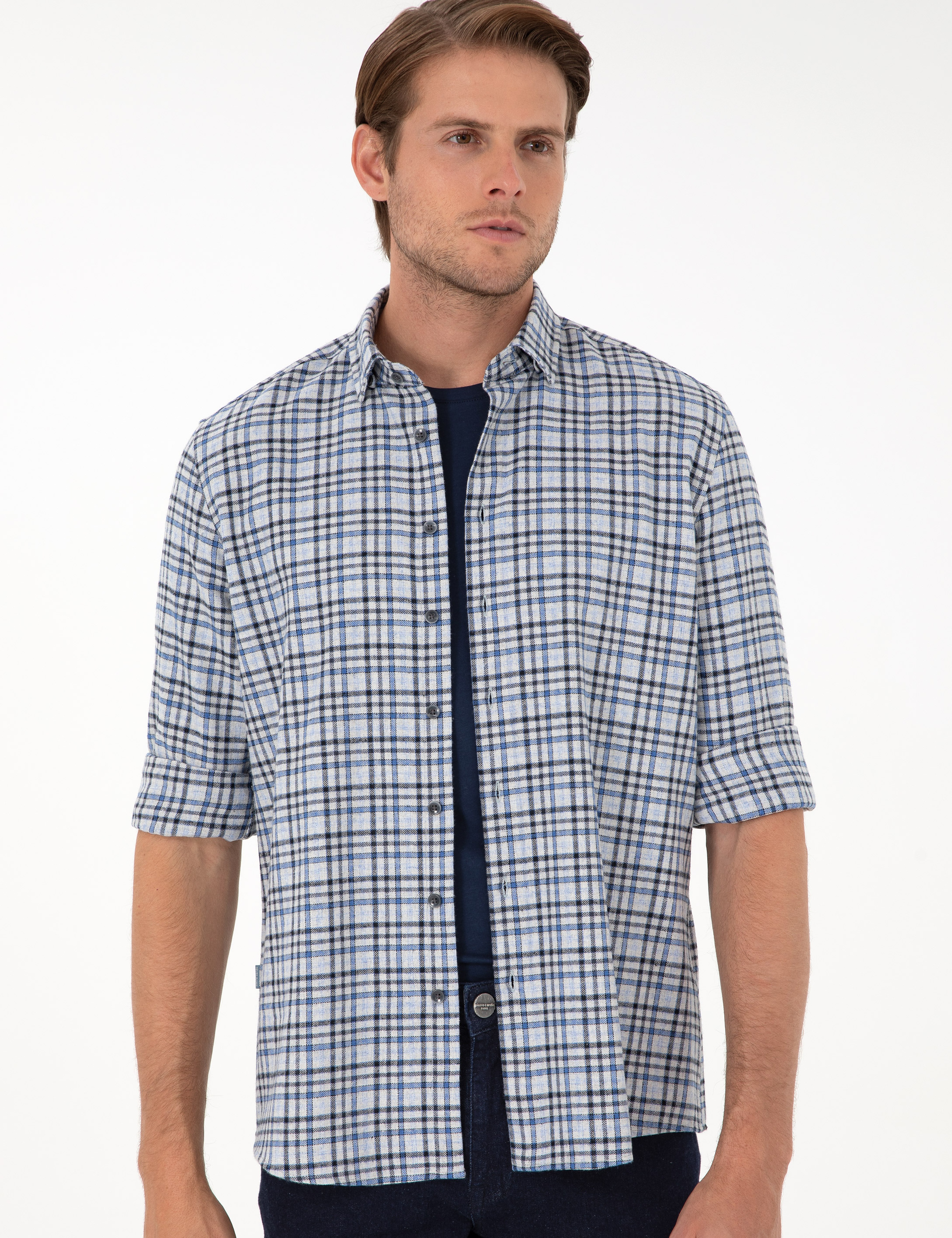 İndigo Regular Fit Ekose Oduncu Uzun Kollu Gömlek - Image 3