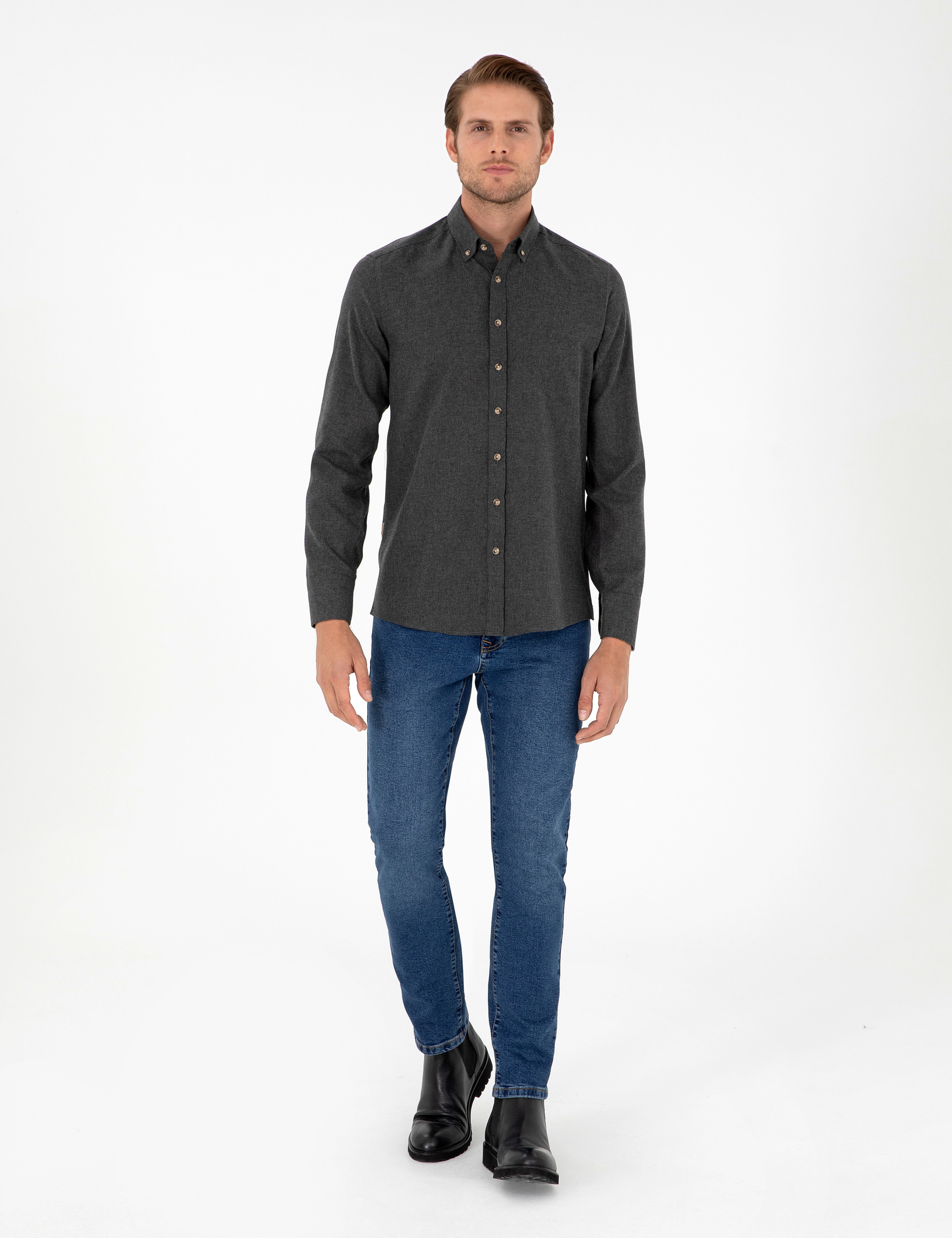 Antrasit Slim Fit Uzun Kollu Gömlek - Image 4