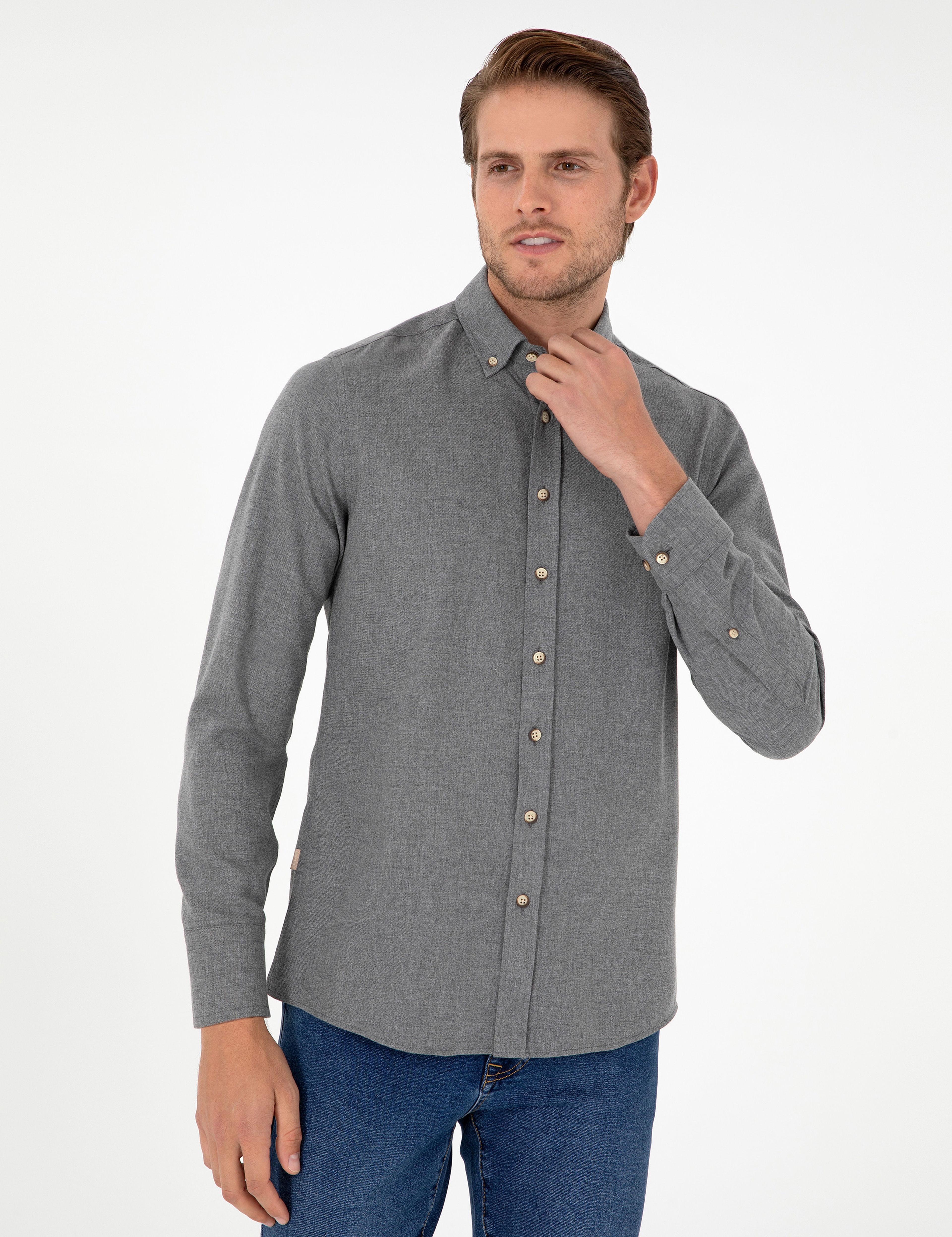 Gri Slim Fit Uzun Kollu Gömlek - Image 3
