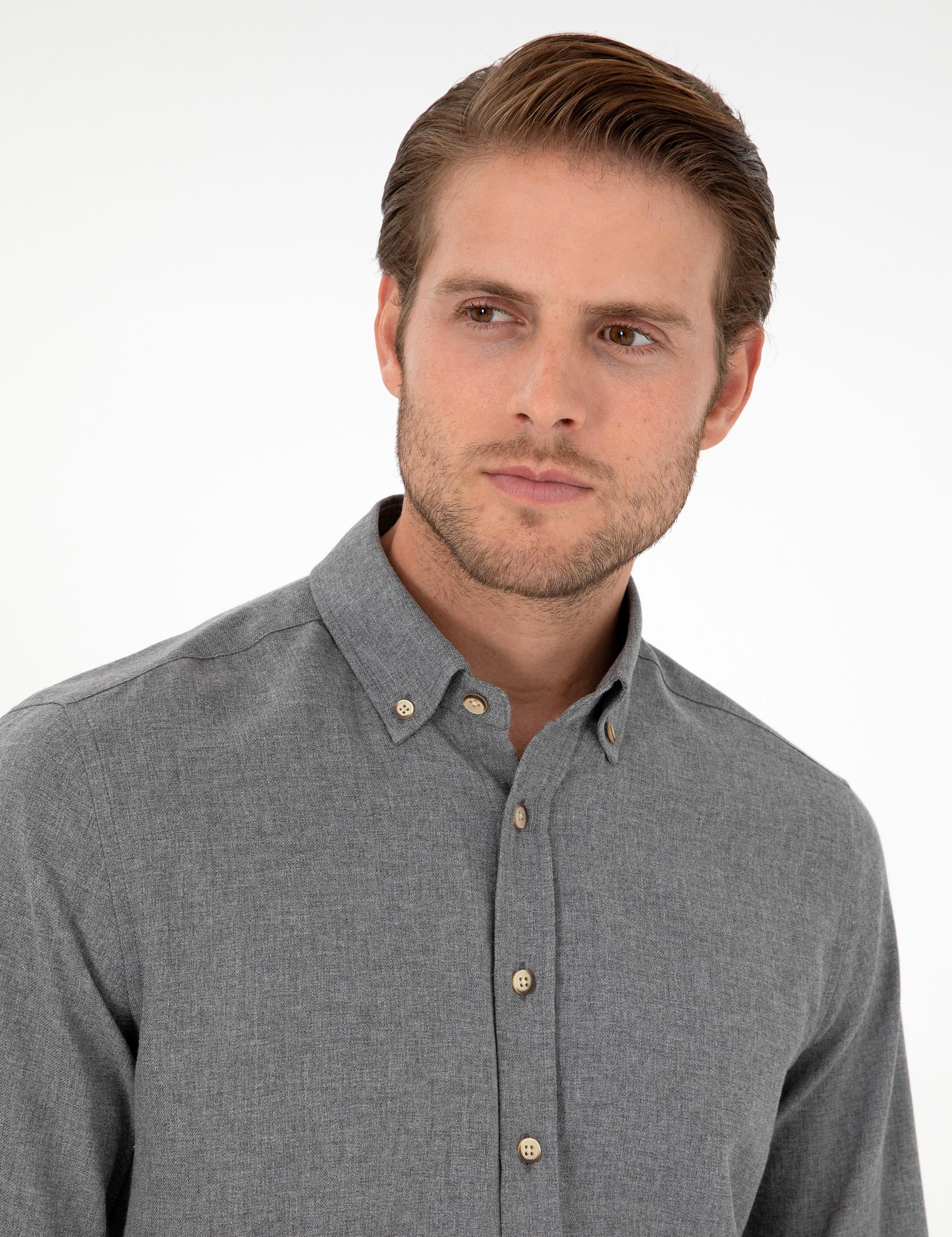 Gri Slim Fit Uzun Kollu Gömlek