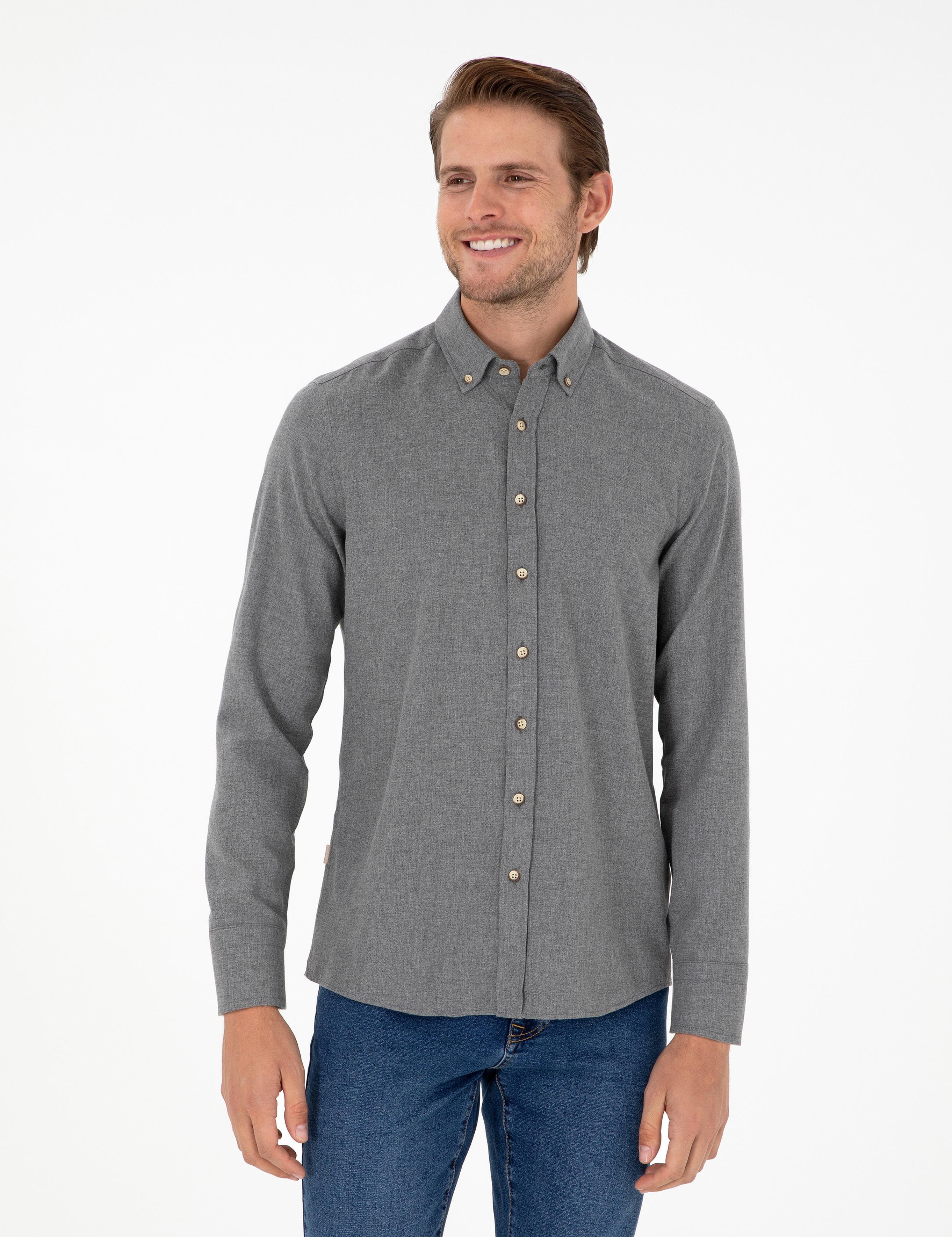 Gri Slim Fit Uzun Kollu Gömlek