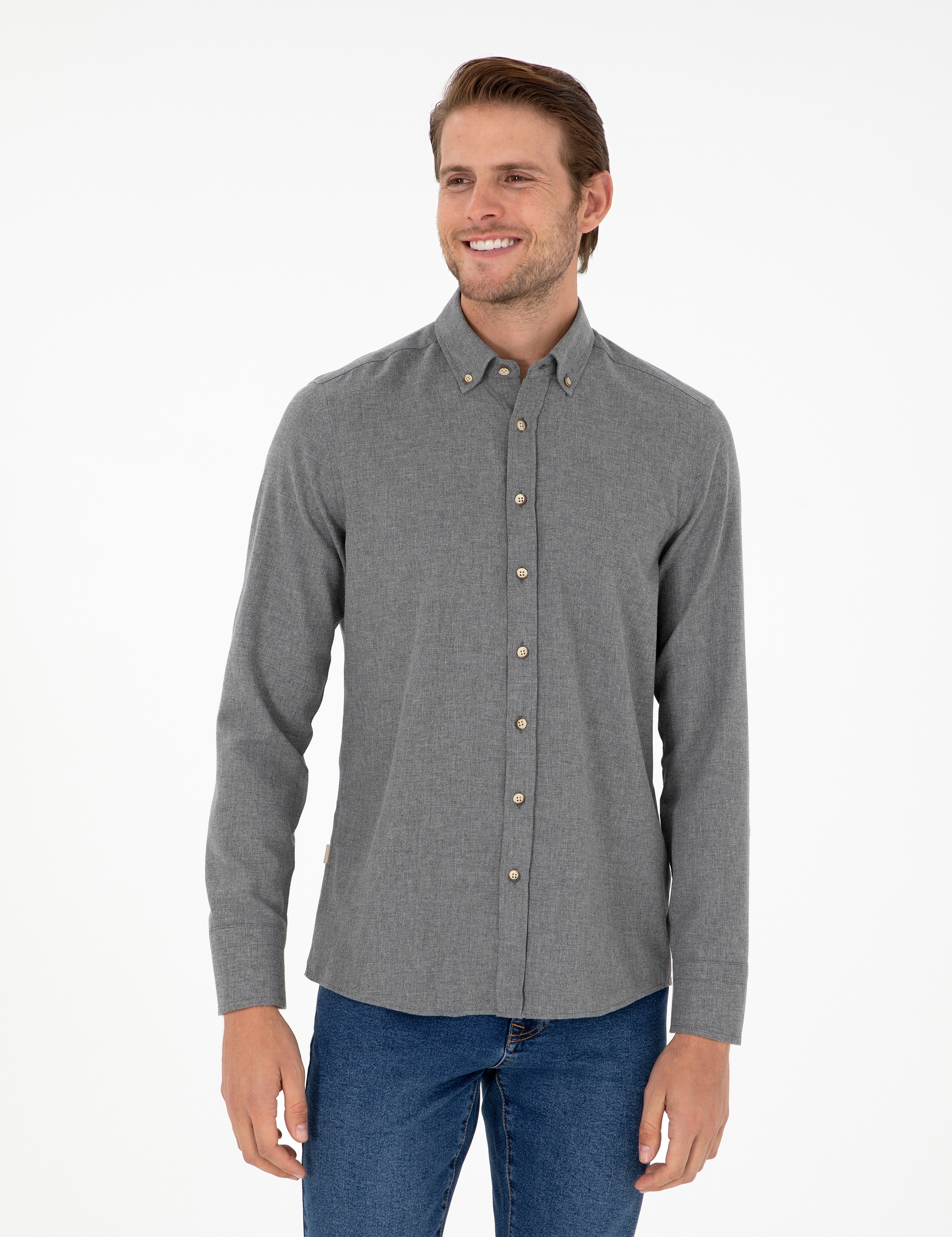 Gri Slim Fit Uzun Kollu Gömlek - Image 1