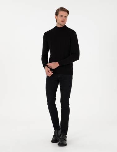 Siyah Slim Fit Yarım Balıkçı Yaka Triko Kazak