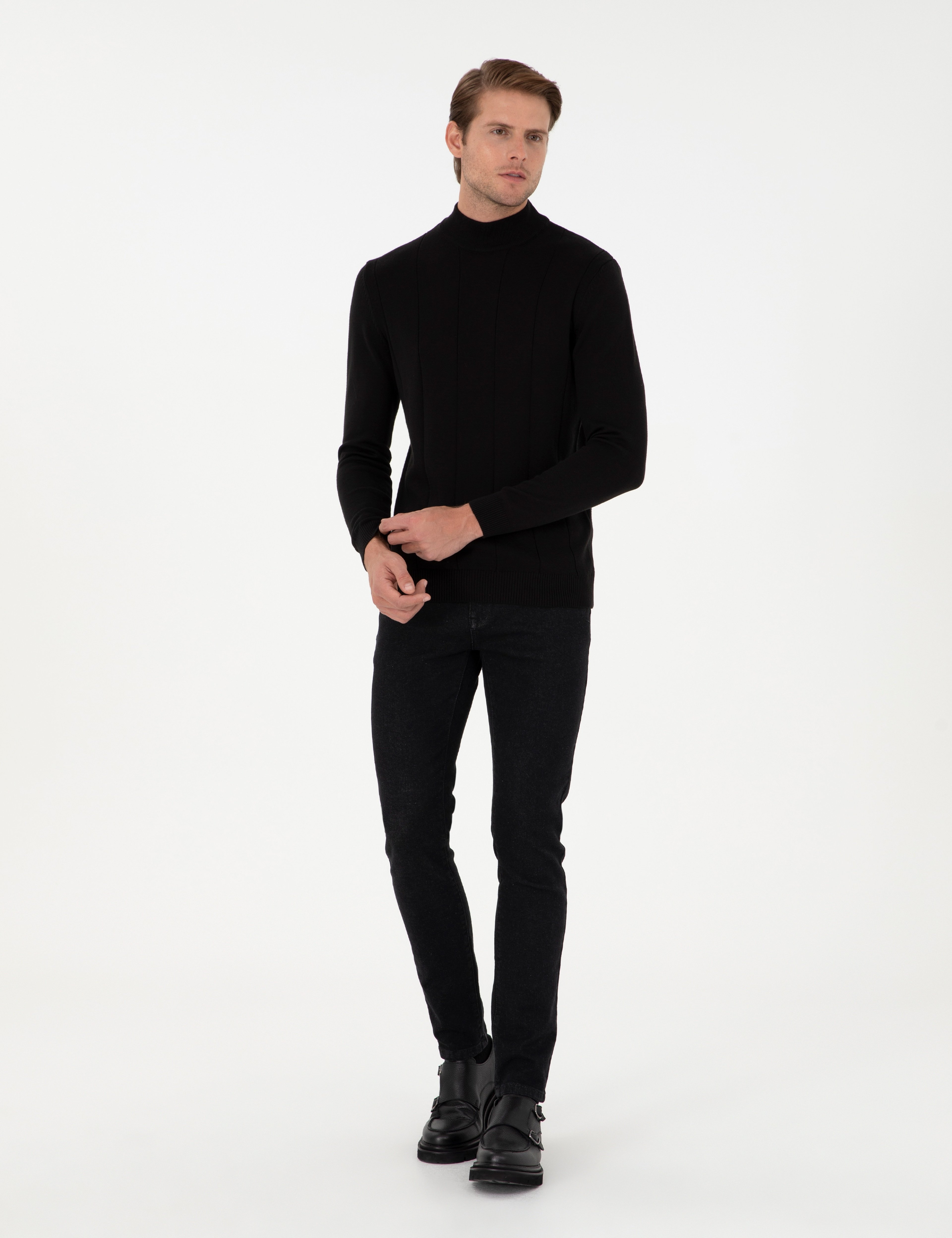 Siyah Slim Fit Yarım Balıkçı Yaka Triko Kazak - Image 4