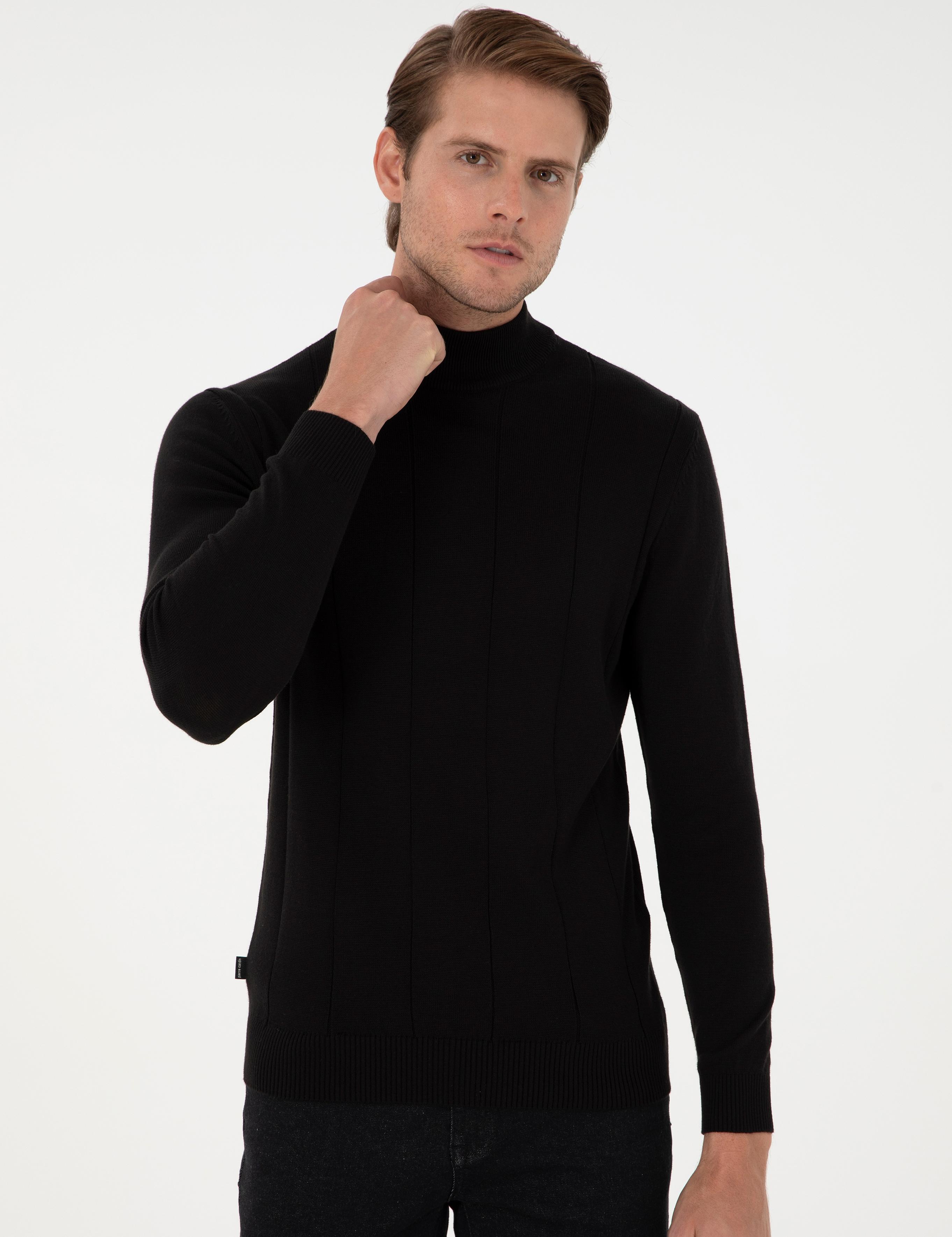 Siyah Slim Fit Yarım Balıkçı Yaka Triko Kazak