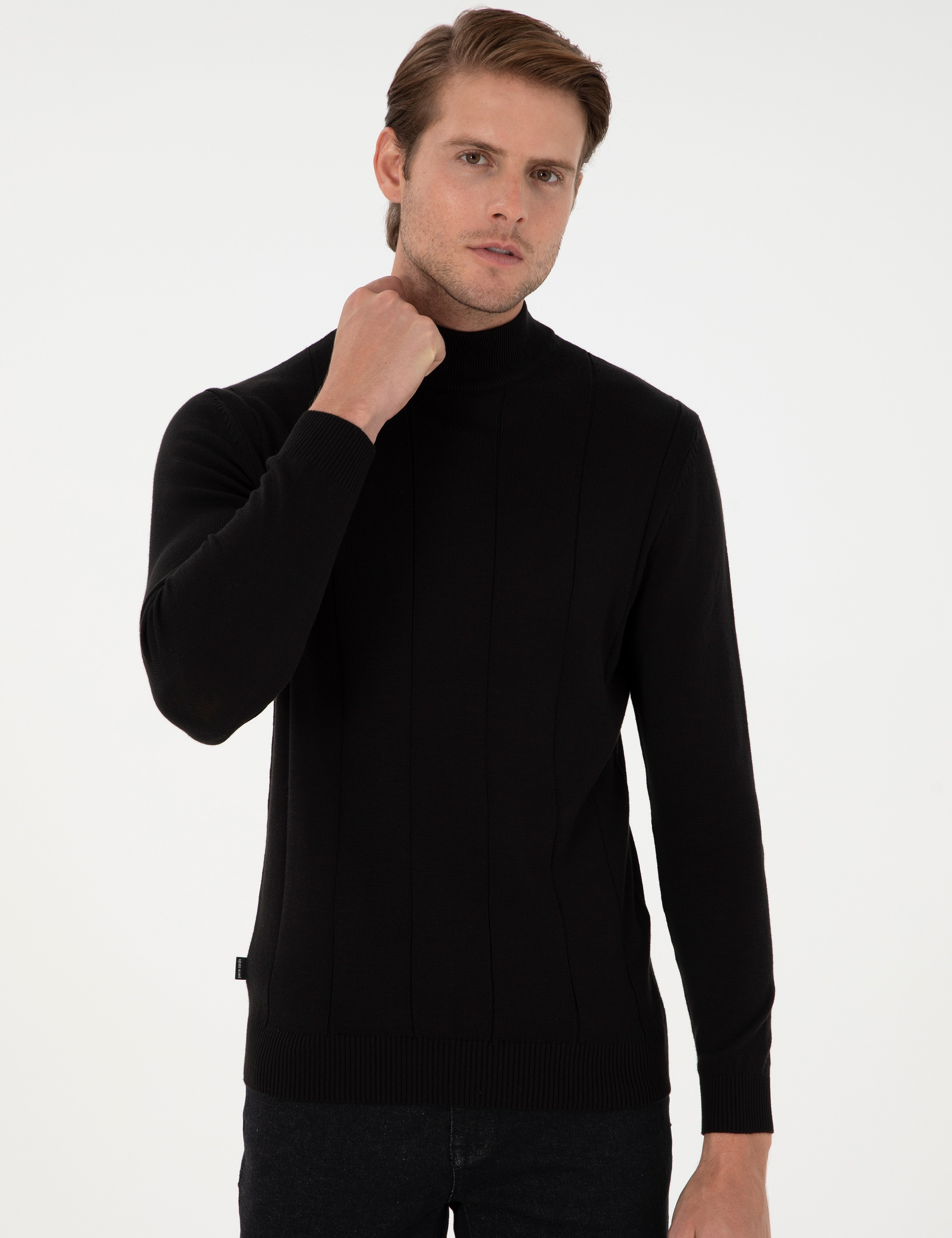 Siyah Slim Fit Yarım Balıkçı Yaka Triko Kazak - Image 3
