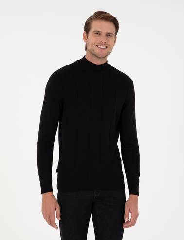 Siyah Slim Fit Yarım Balıkçı Yaka Triko Kazak