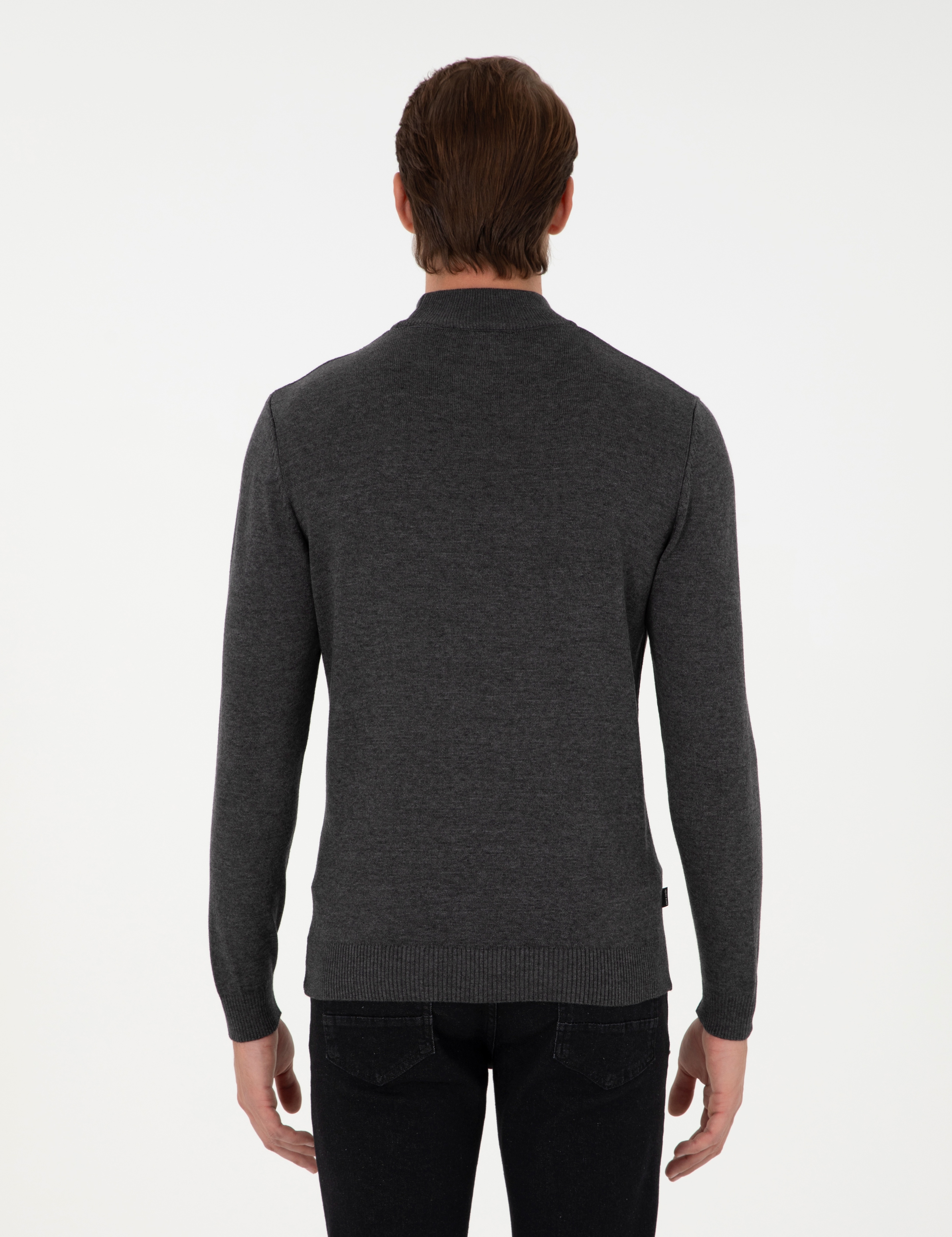 Antrasit Melanj Slim Fit Yarım Balıkçı Yaka Triko Kazak - Image 5