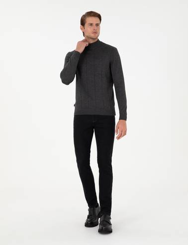 Antrasit Melanj Slim Fit Yarım Balıkçı Yaka Triko Kazak