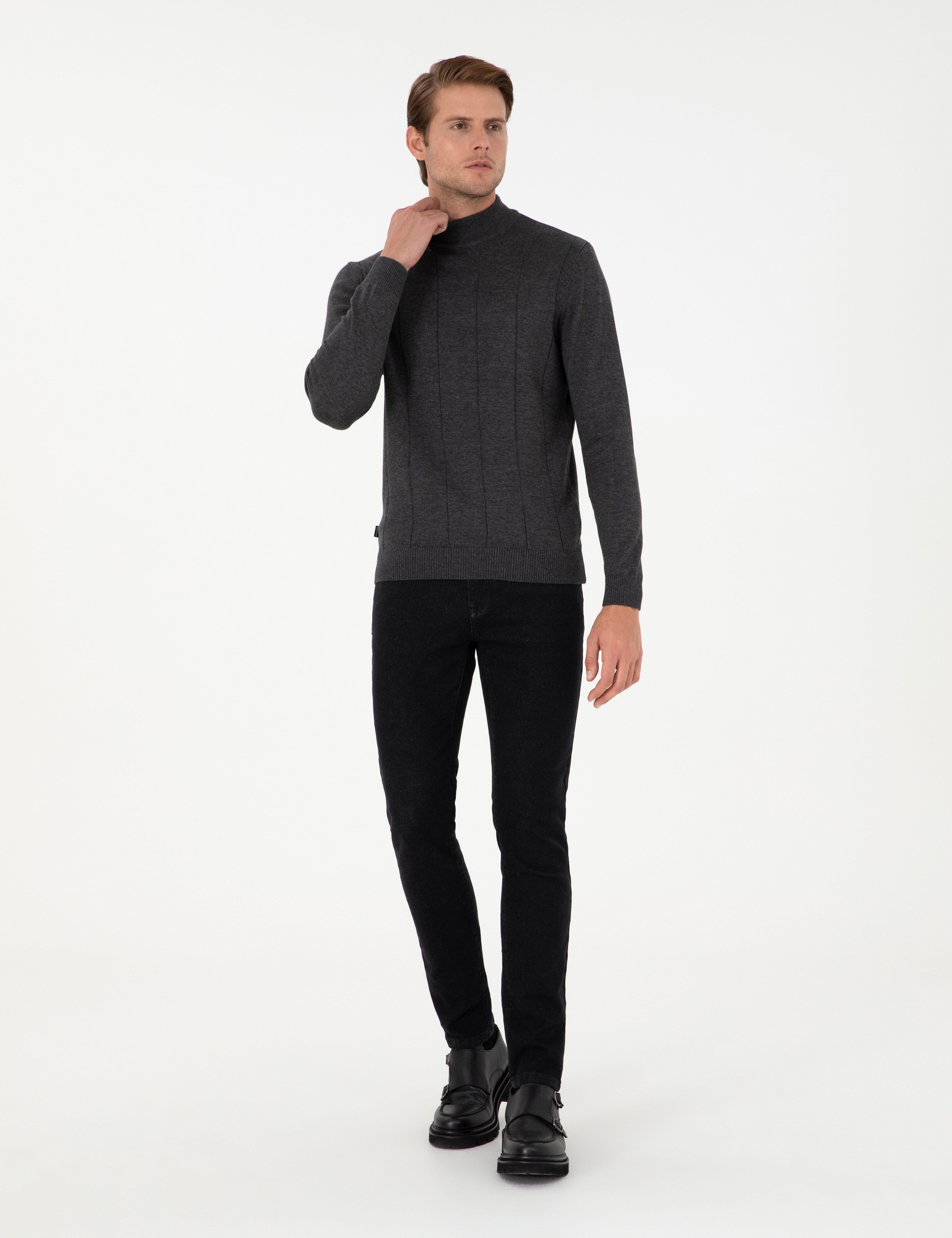 Antrasit Melanj Slim Fit Yarım Balıkçı Yaka Triko Kazak