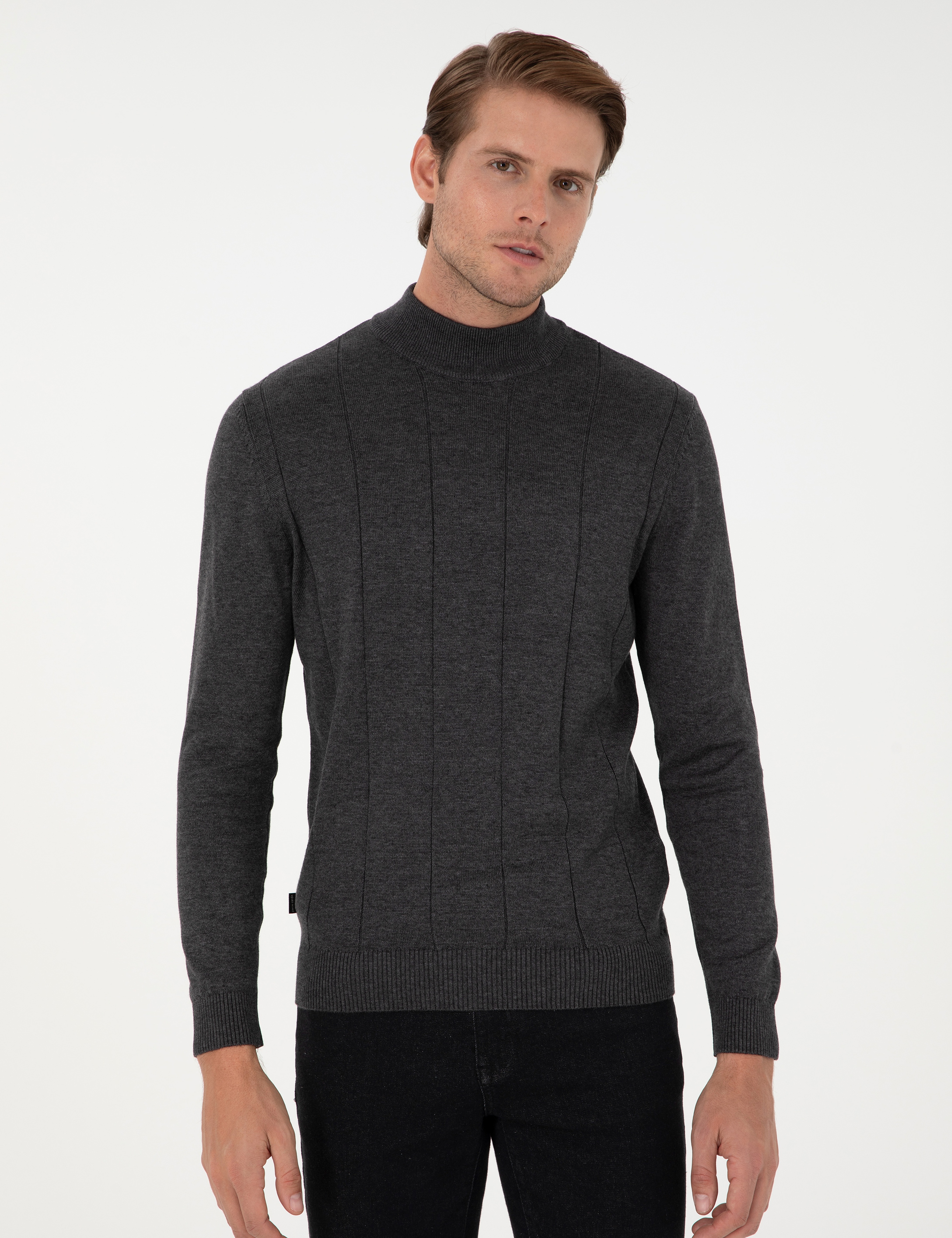 Antrasit Melanj Slim Fit Yarım Balıkçı Yaka Triko Kazak - Image 3