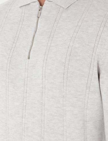 Krem Melanj Slim Fit Fermuarlı Polo Yaka Triko Kazak