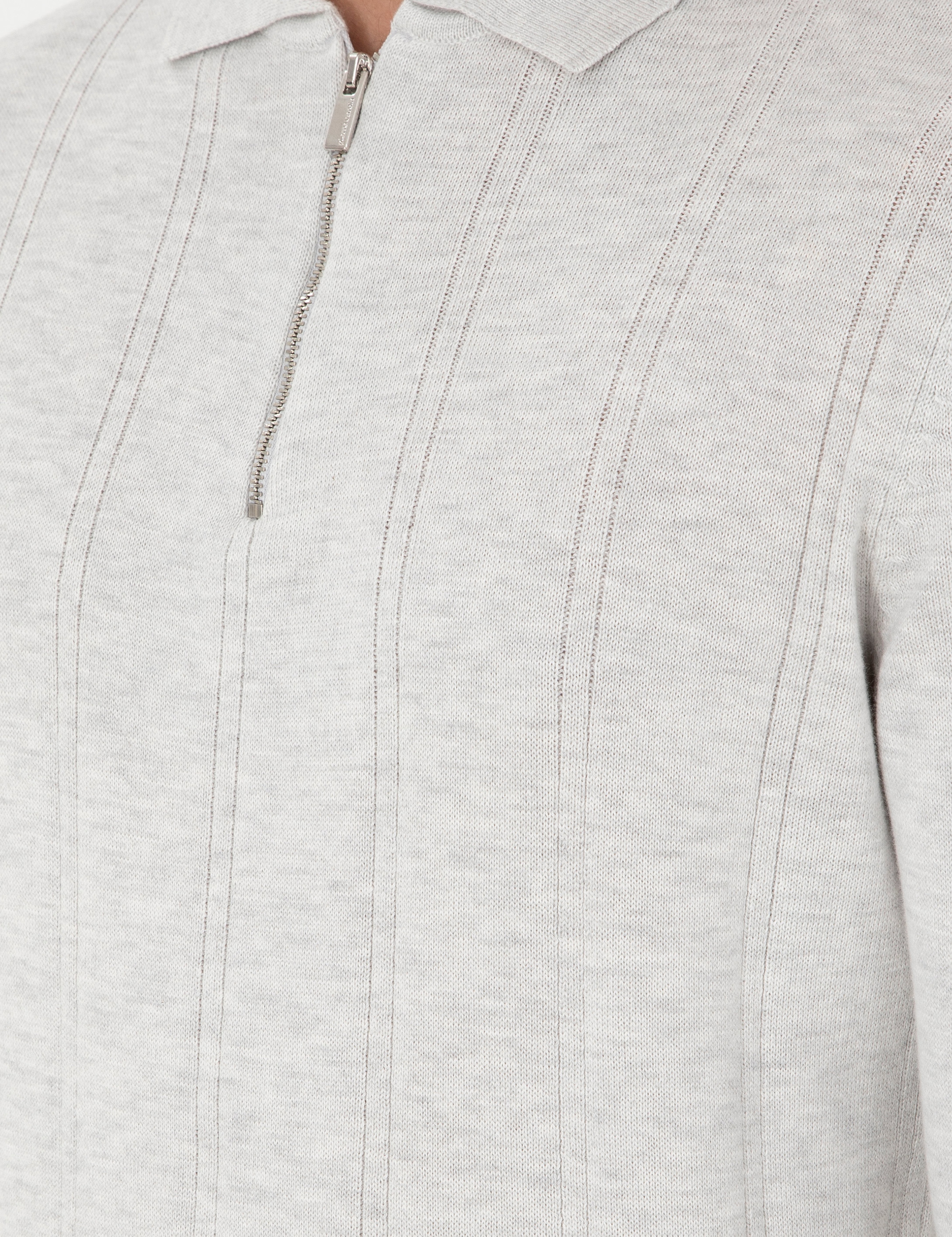 Krem Melanj Slim Fit Fermuarlı Polo Yaka Triko Kazak - Image 7