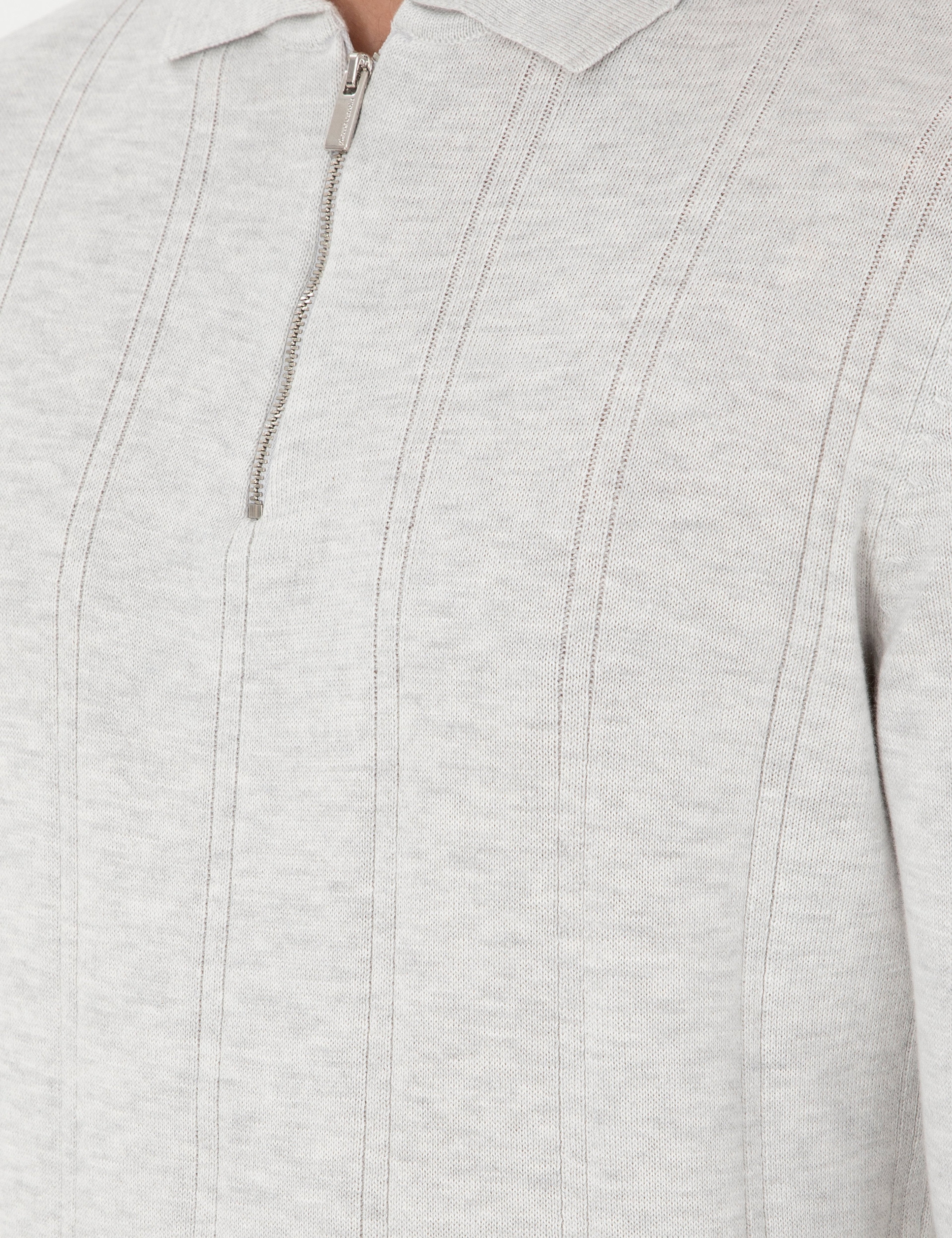 Krem Melanj Slim Fit Fermuarlı Polo Yaka Triko Kazak