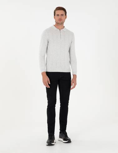 Krem Melanj Slim Fit Fermuarlı Polo Yaka Triko Kazak