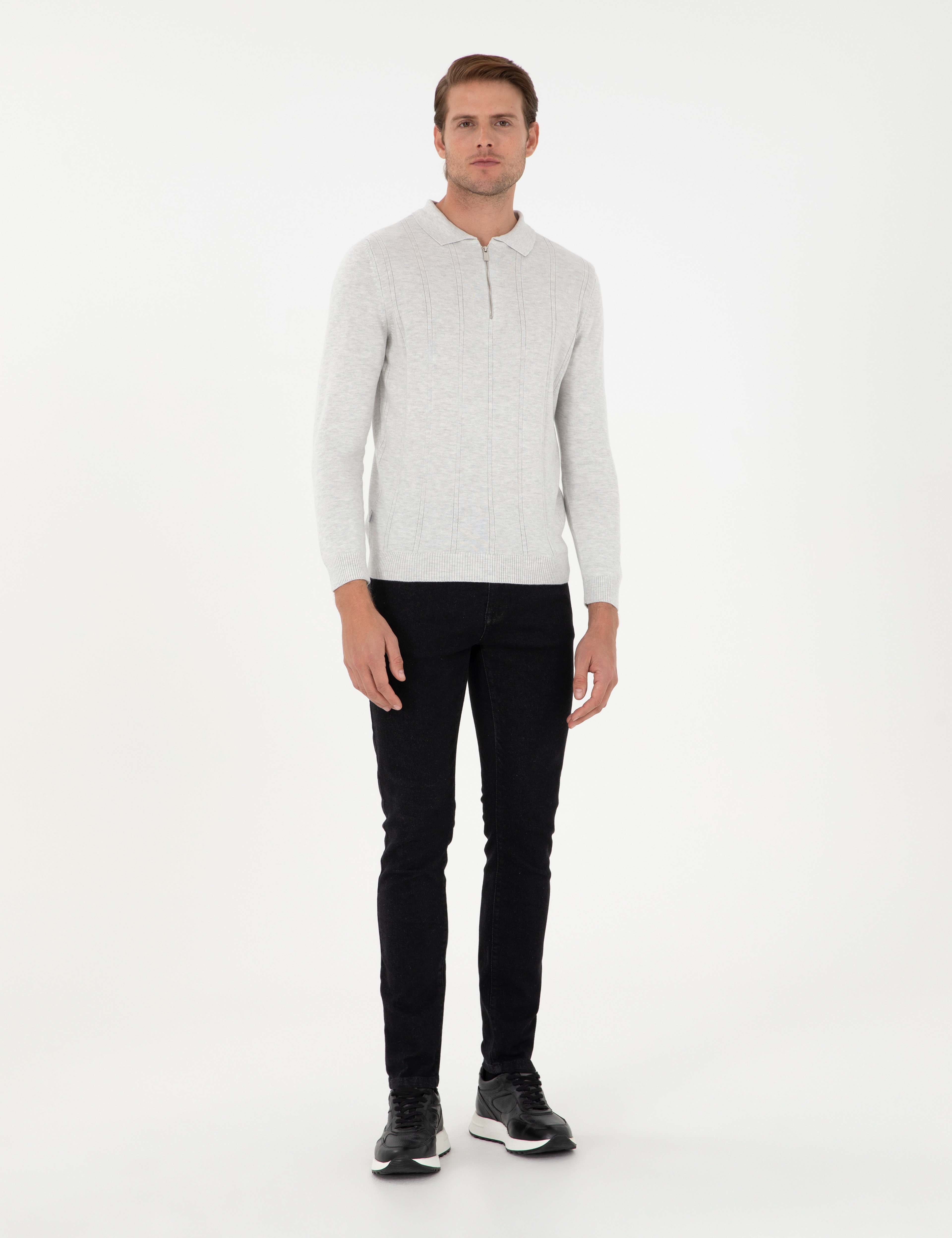 Krem Melanj Slim Fit Fermuarlı Polo Yaka Triko Kazak - Image 4