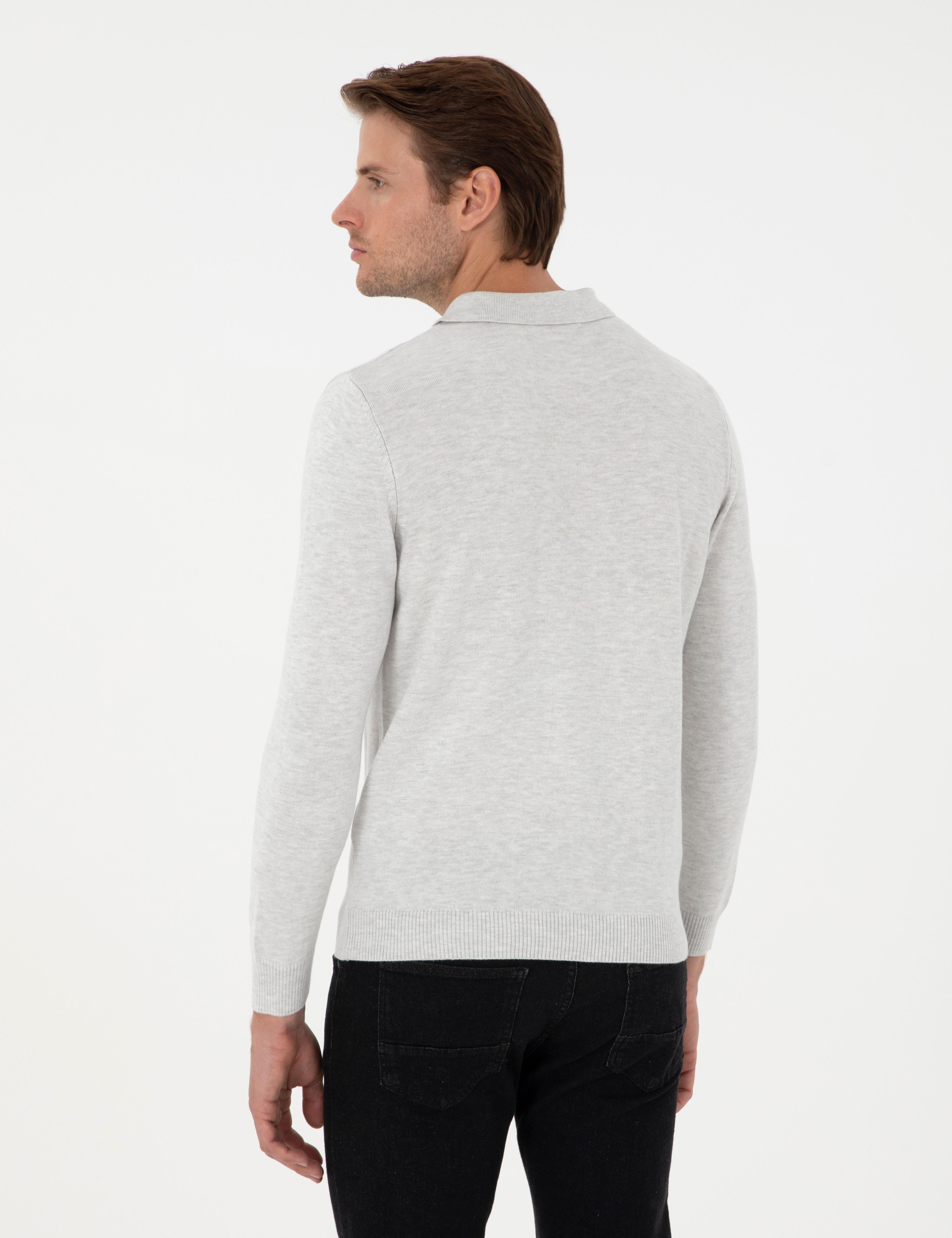Krem Melanj Slim Fit Fermuarlı Polo Yaka Triko Kazak