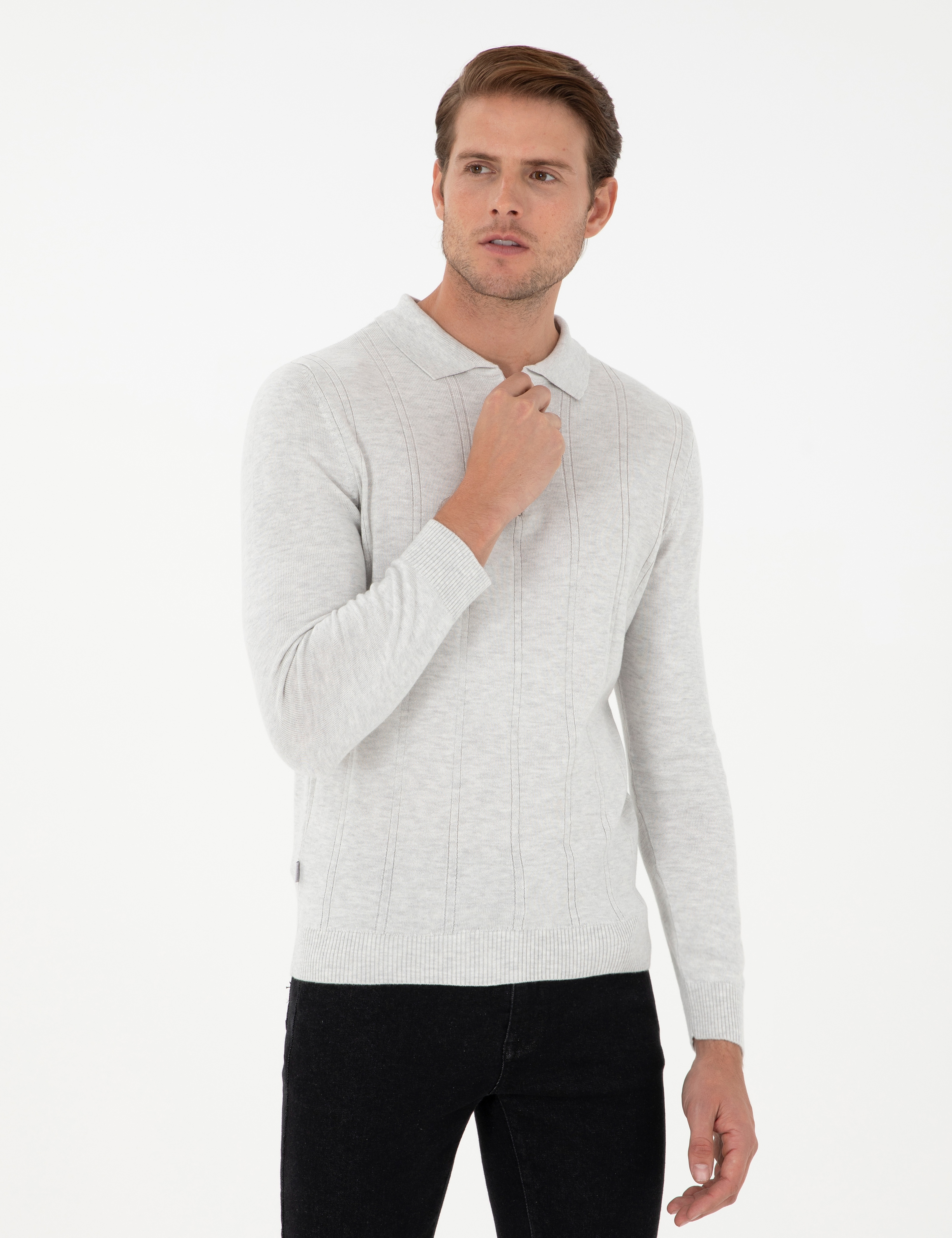Krem Melanj Slim Fit Fermuarlı Polo Yaka Triko Kazak - Image 1