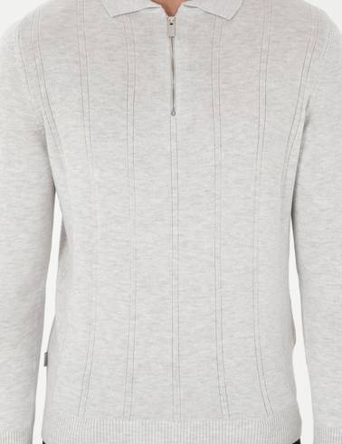 Krem Melanj Slim Fit Fermuarlı Polo Yaka Triko Kazak