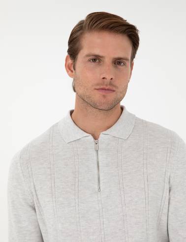 Krem Melanj Slim Fit Fermuarlı Polo Yaka Triko Kazak