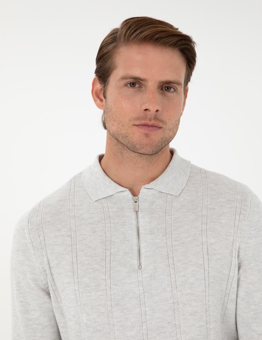 Krem Melanj Slim Fit Fermuarlı Polo Yaka Triko Kazak