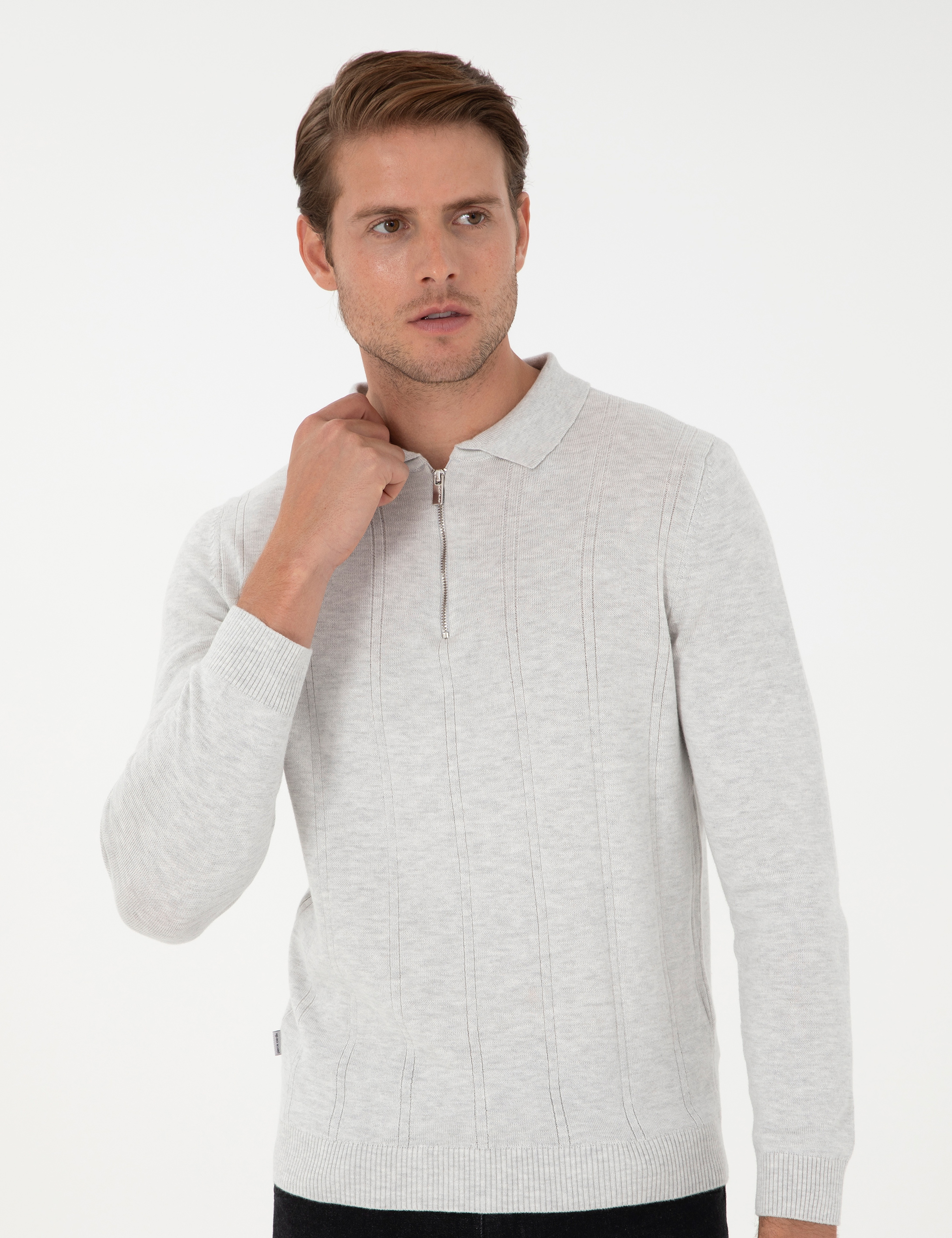 Krem Melanj Slim Fit Fermuarlı Polo Yaka Triko Kazak - Image 3