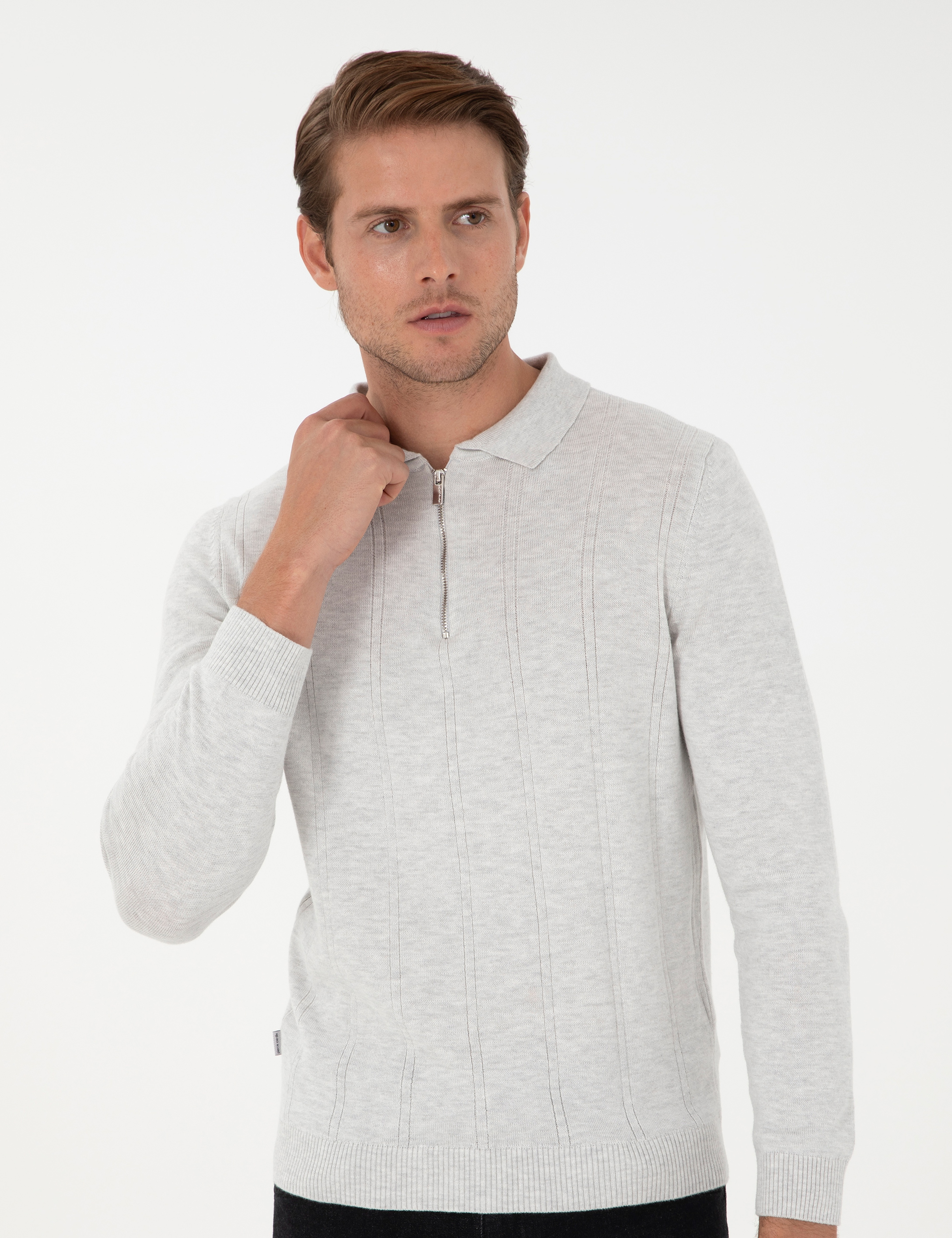 Krem Melanj Slim Fit Fermuarlı Polo Yaka Triko Kazak