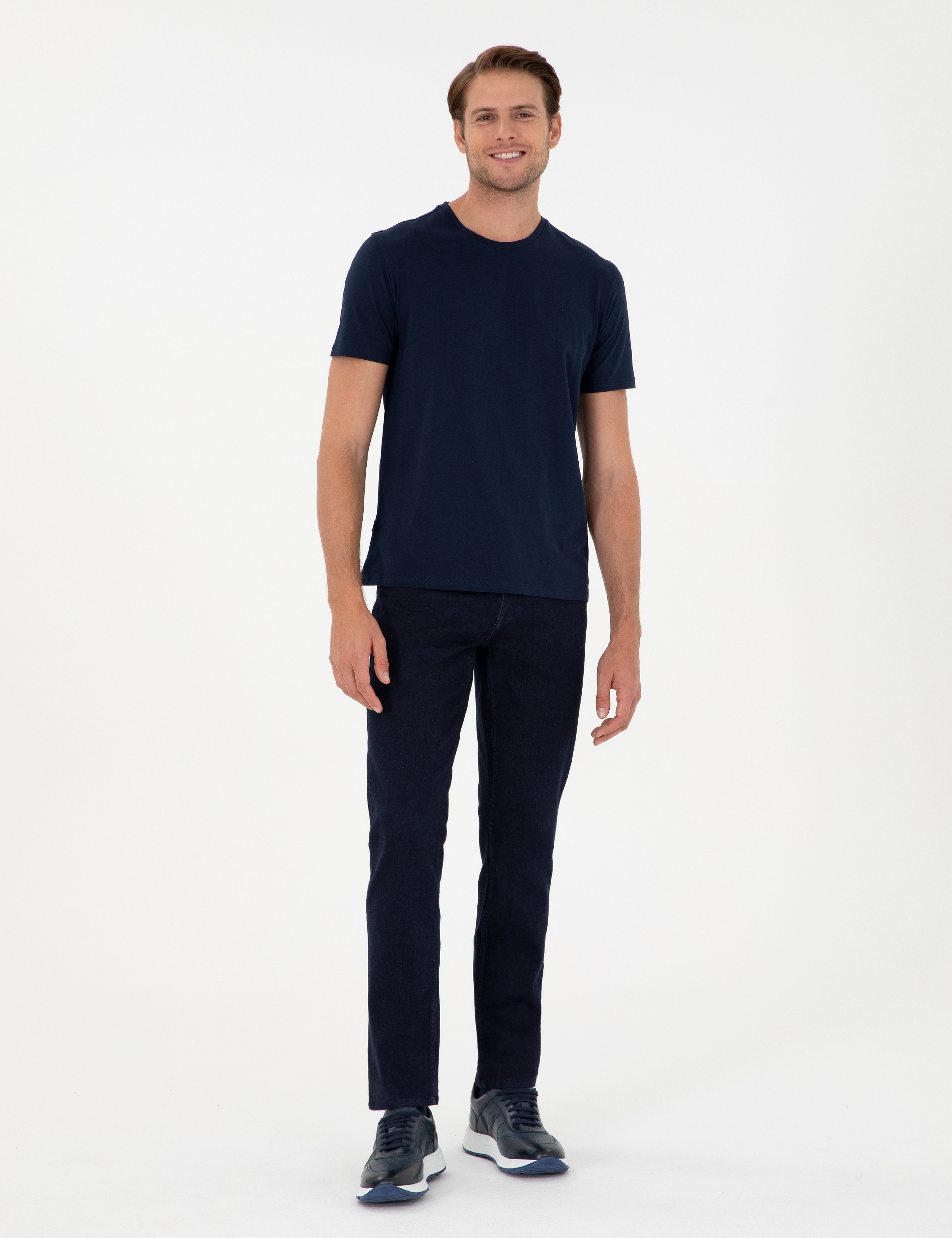 Lacivert %100 Pamuk Slim Fit Bisiklet Yaka Basic Tişört - Image 4