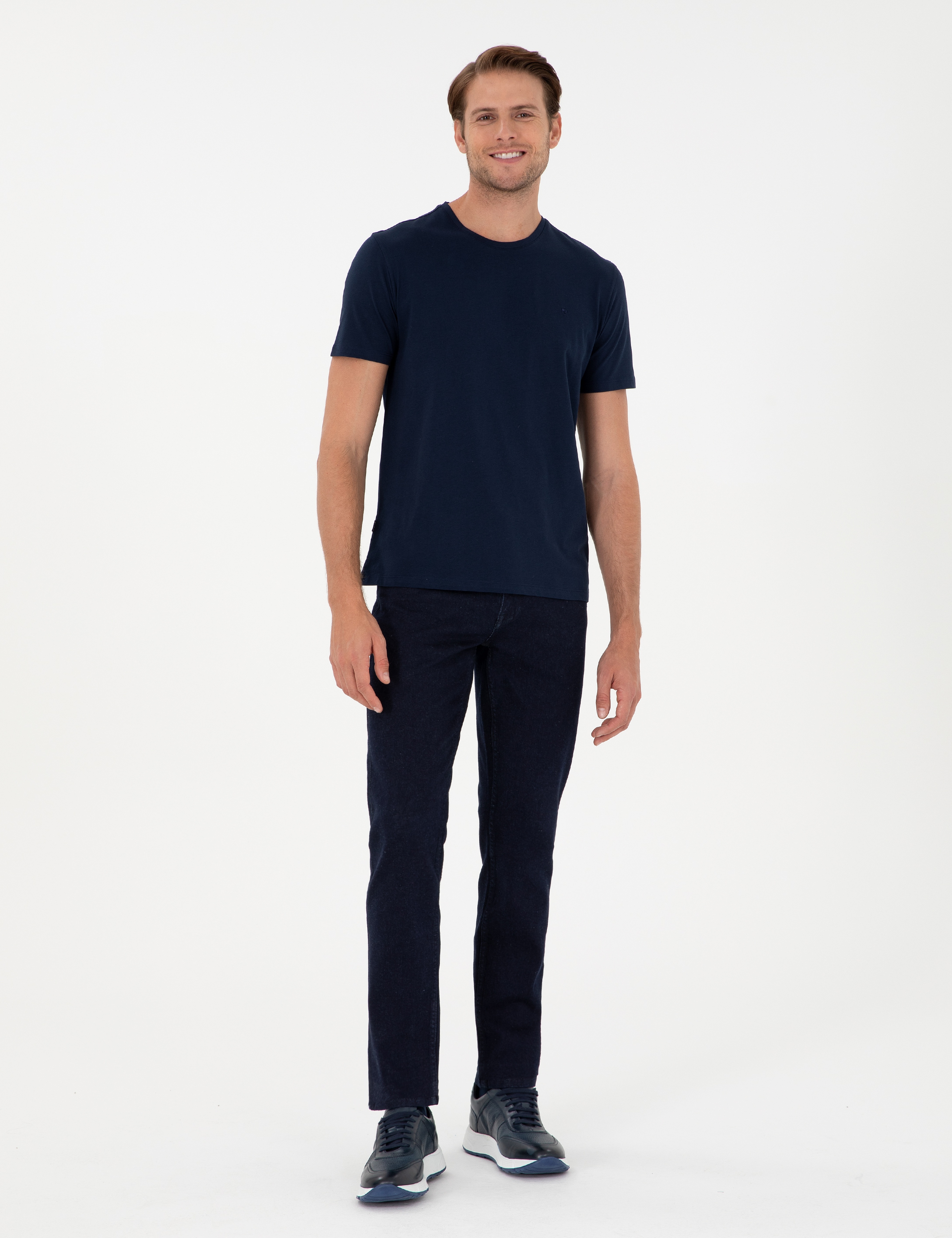 Lacivert %100 Pamuk Slim Fit Bisiklet Yaka Basic Tişört