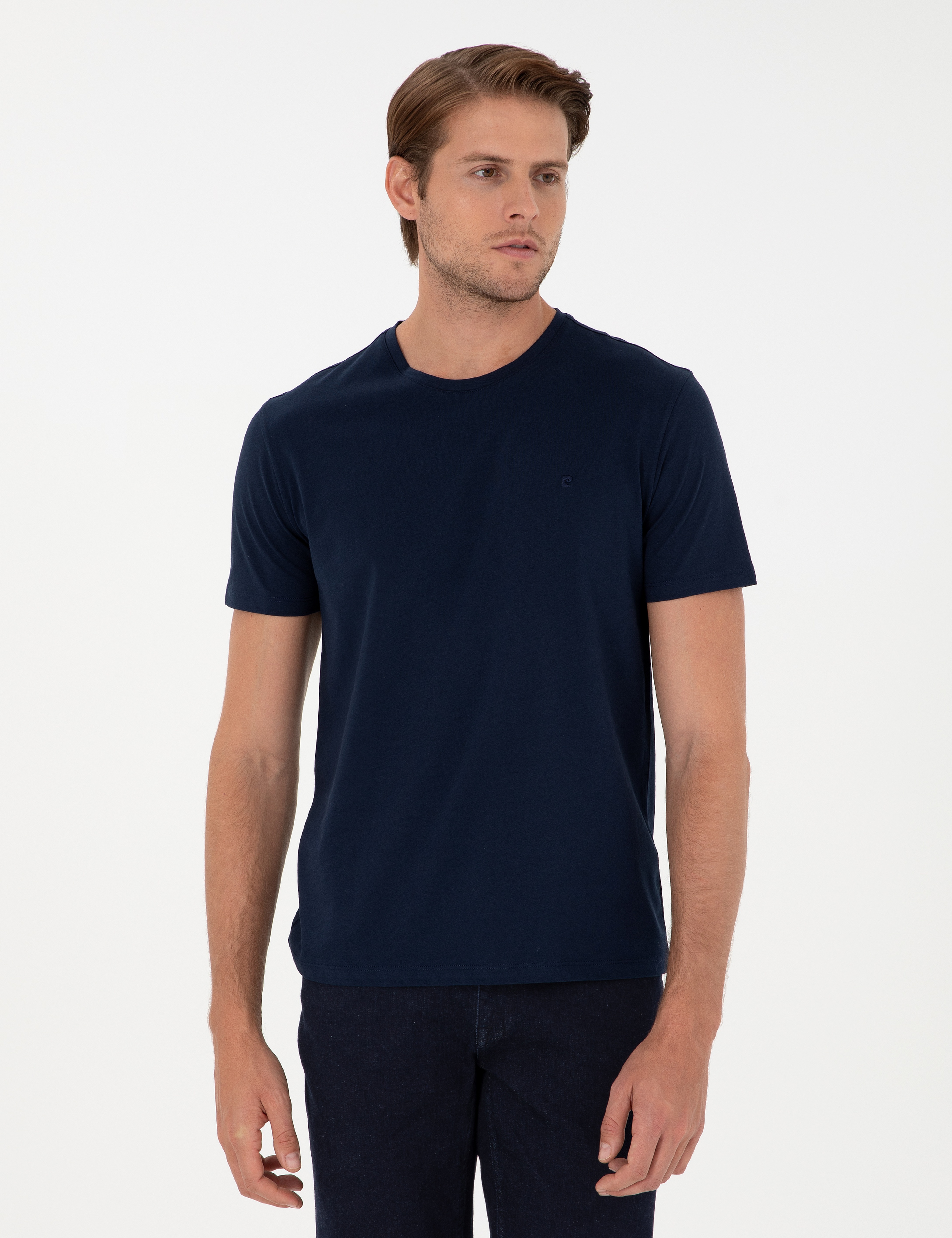 Lacivert %100 Pamuk Slim Fit Bisiklet Yaka Basic Tişört - Image 1