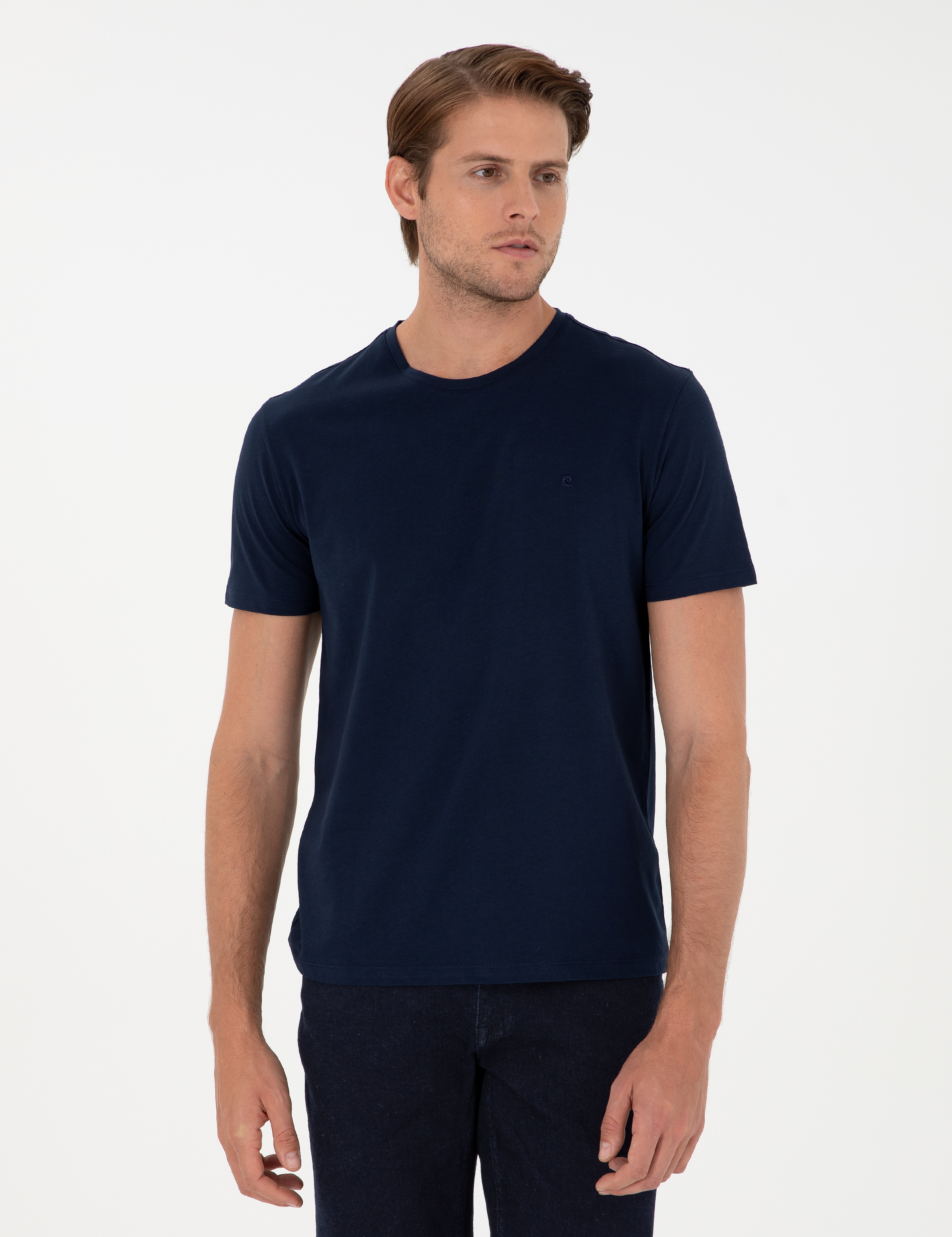 Lacivert %100 Pamuk Slim Fit Bisiklet Yaka Basic Tişört