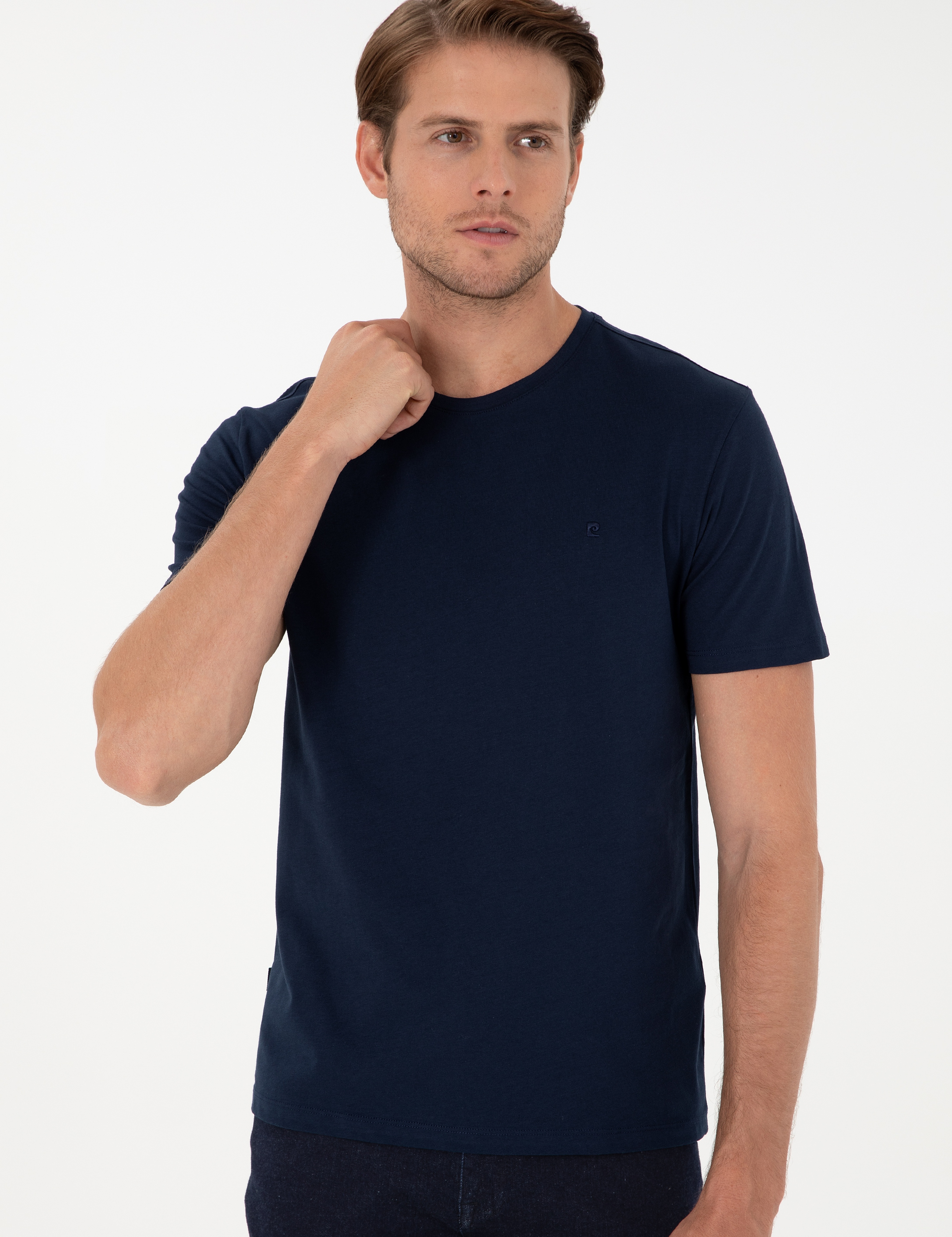 Lacivert %100 Pamuk Slim Fit Bisiklet Yaka Basic Tişört - Image 3