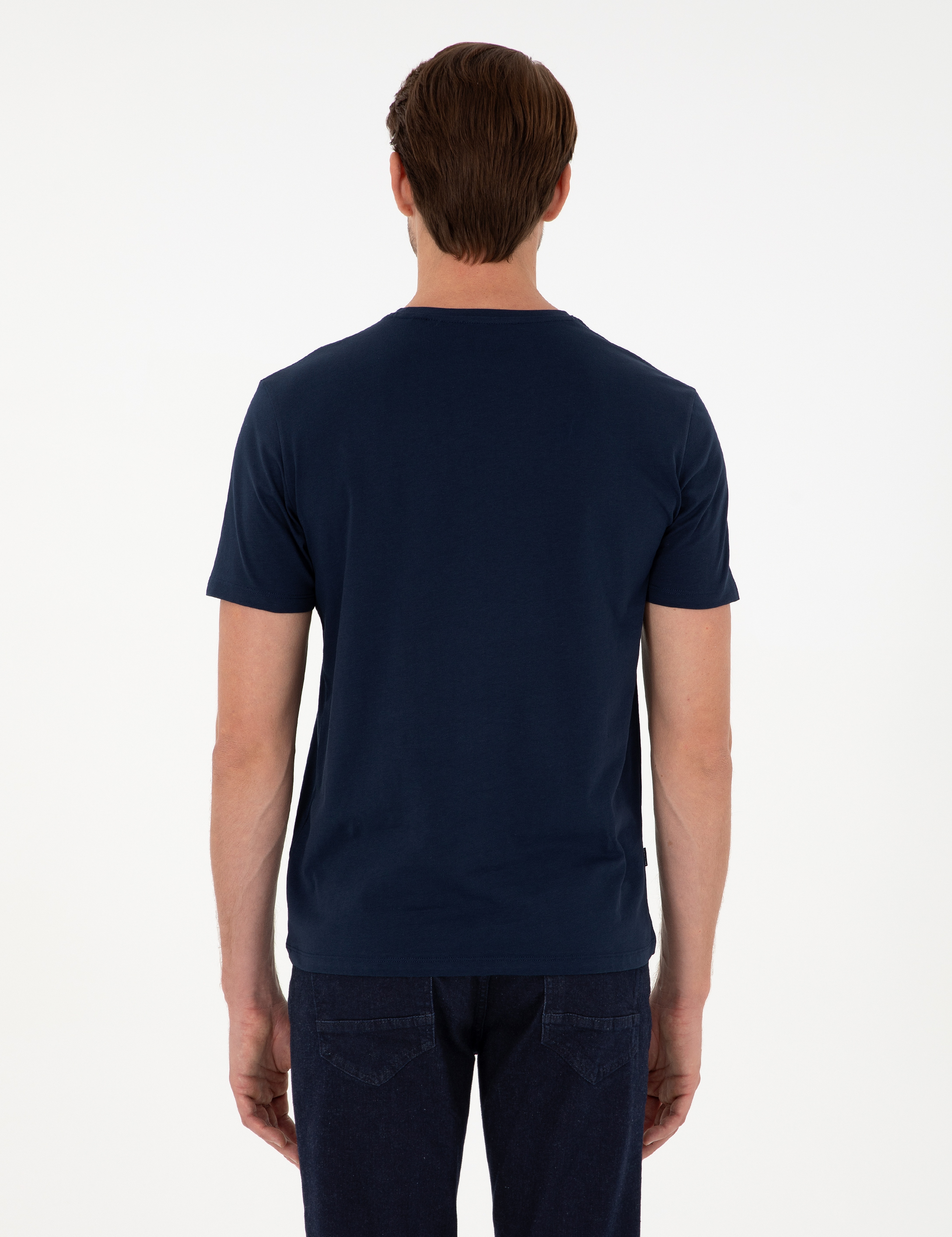 Lacivert %100 Pamuk Slim Fit Bisiklet Yaka Basic Tişört - Image 5