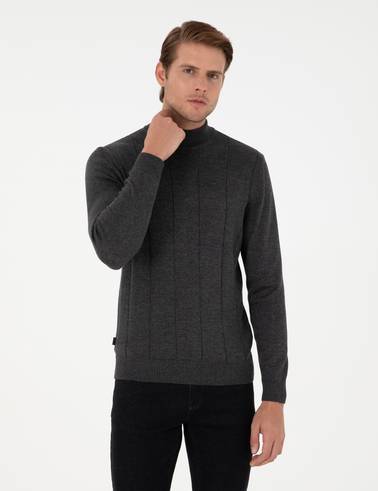 Antrasit Melanj Slim Fit Yarım Balıkçı Yaka Triko Kazak
