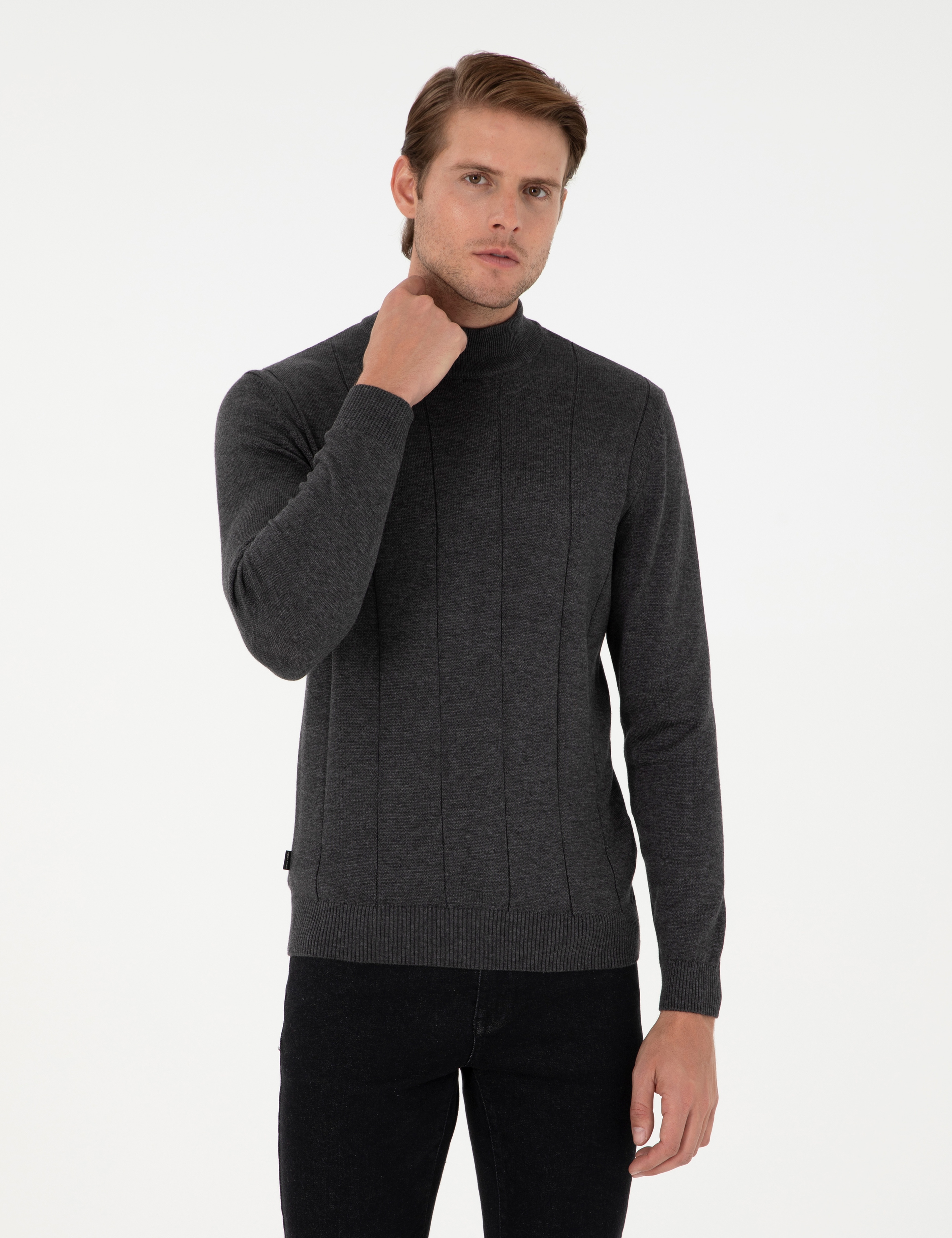Antrasit Melanj Slim Fit Yarım Balıkçı Yaka Triko Kazak