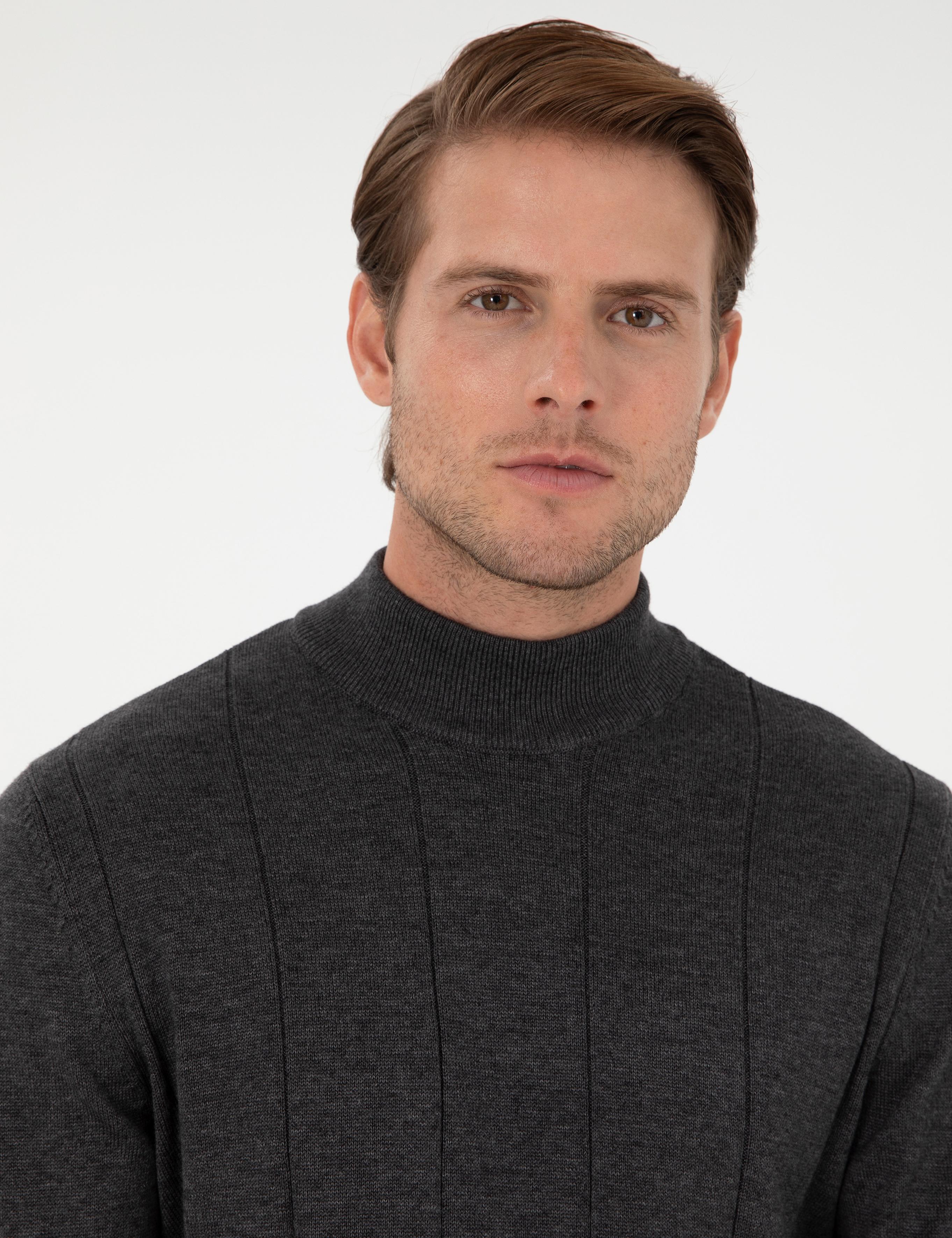 Antrasit Melanj Slim Fit Yarım Balıkçı Yaka Triko Kazak