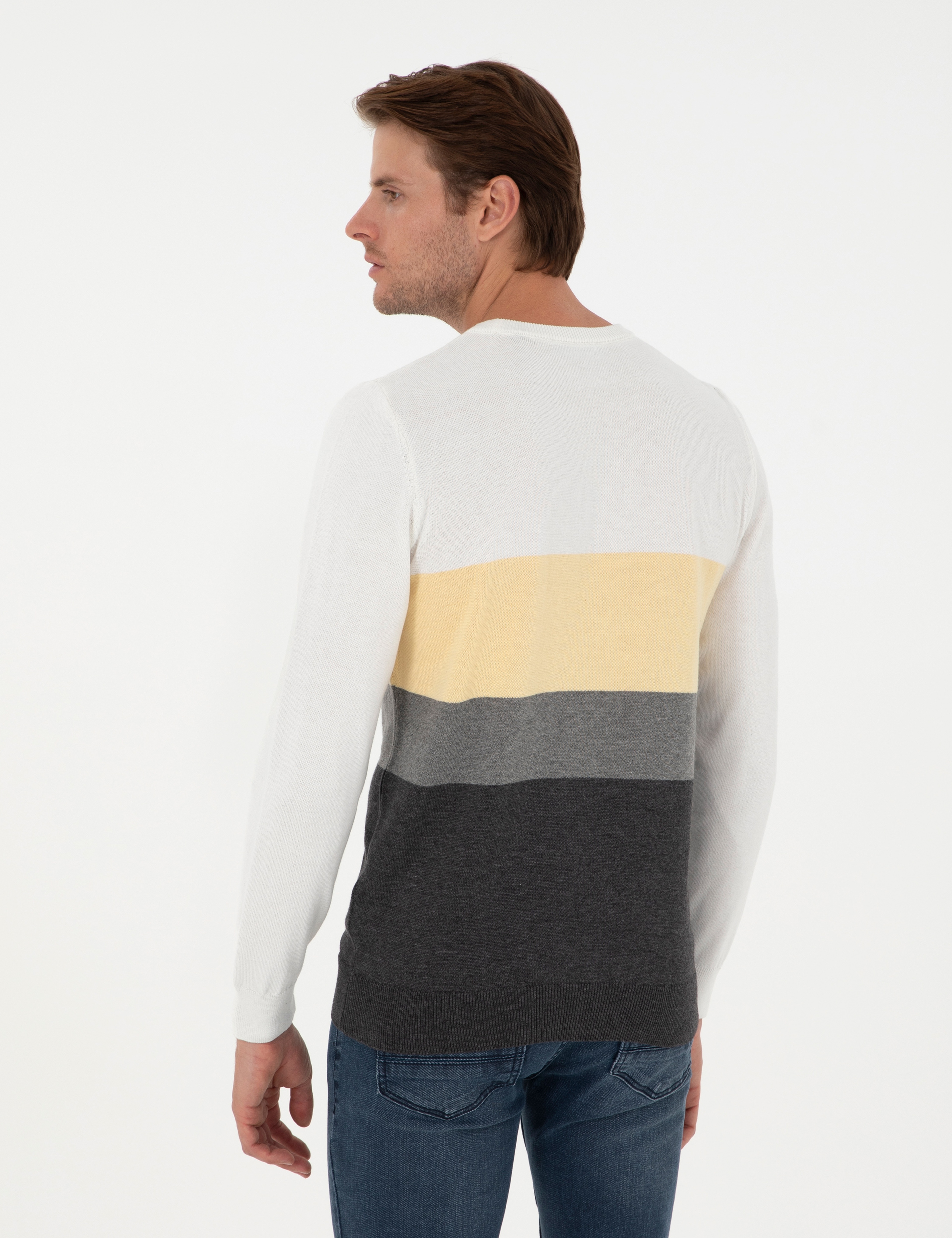 Gri Melanj Slim Fit Bisiklet Yaka Triko Kazak - Image 5