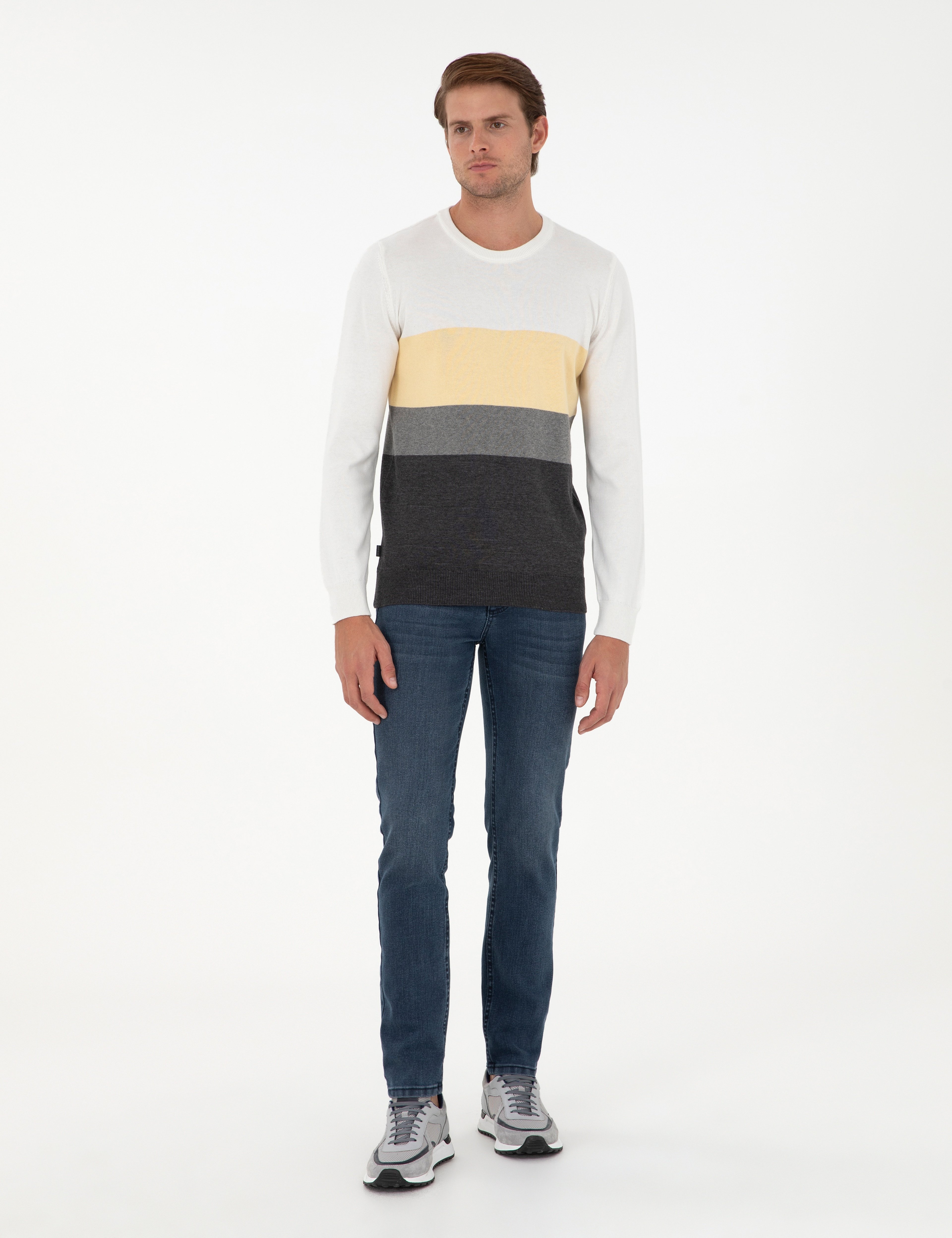 Gri Melanj Slim Fit Bisiklet Yaka Triko Kazak - Image 4
