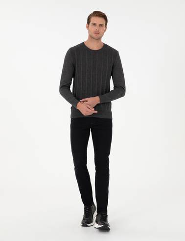 Antrasit Melanj Slim Fit Bisiklet Yaka Triko Kazak