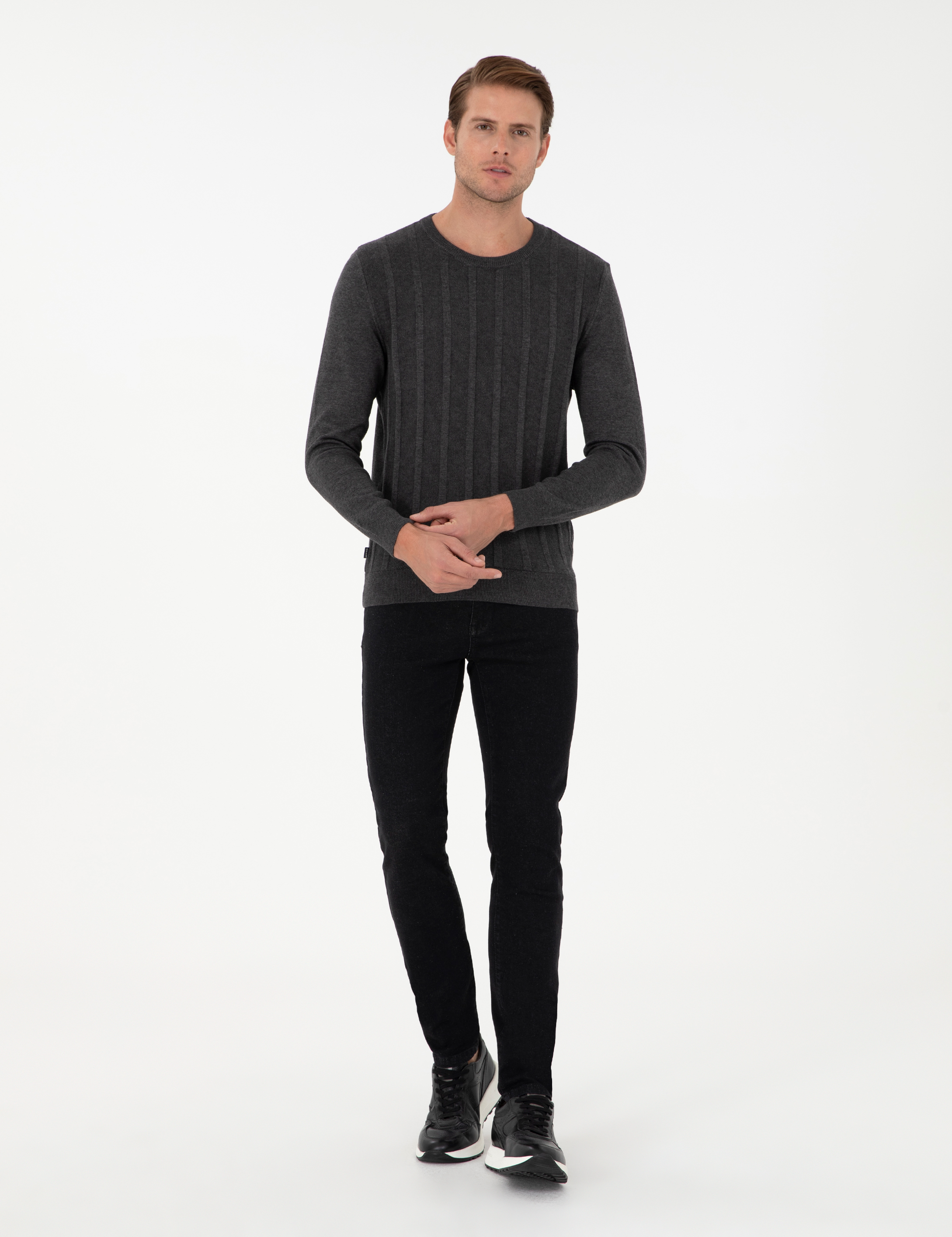 Antrasit Melanj Slim Fit Bisiklet Yaka Triko Kazak - Image 4