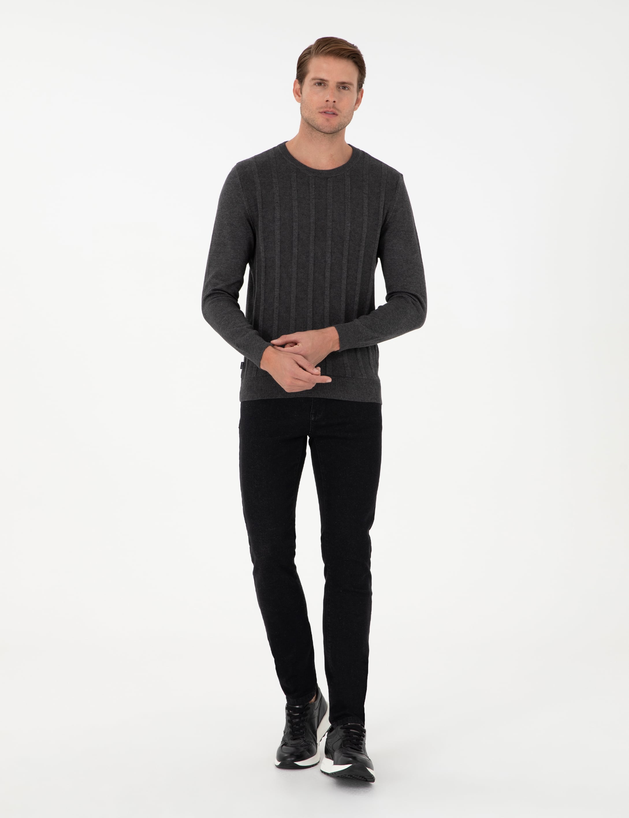 Antrasit Melanj Slim Fit Bisiklet Yaka Triko Kazak