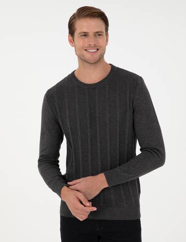 Antrasit Melanj Slim Fit Bisiklet Yaka Triko Kazak