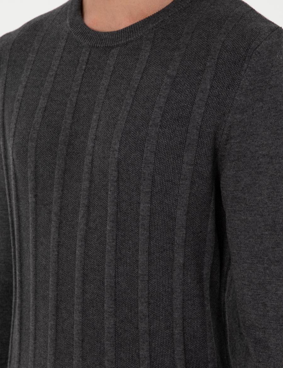 Antrasit Melanj Slim Fit Bisiklet Yaka Triko Kazak