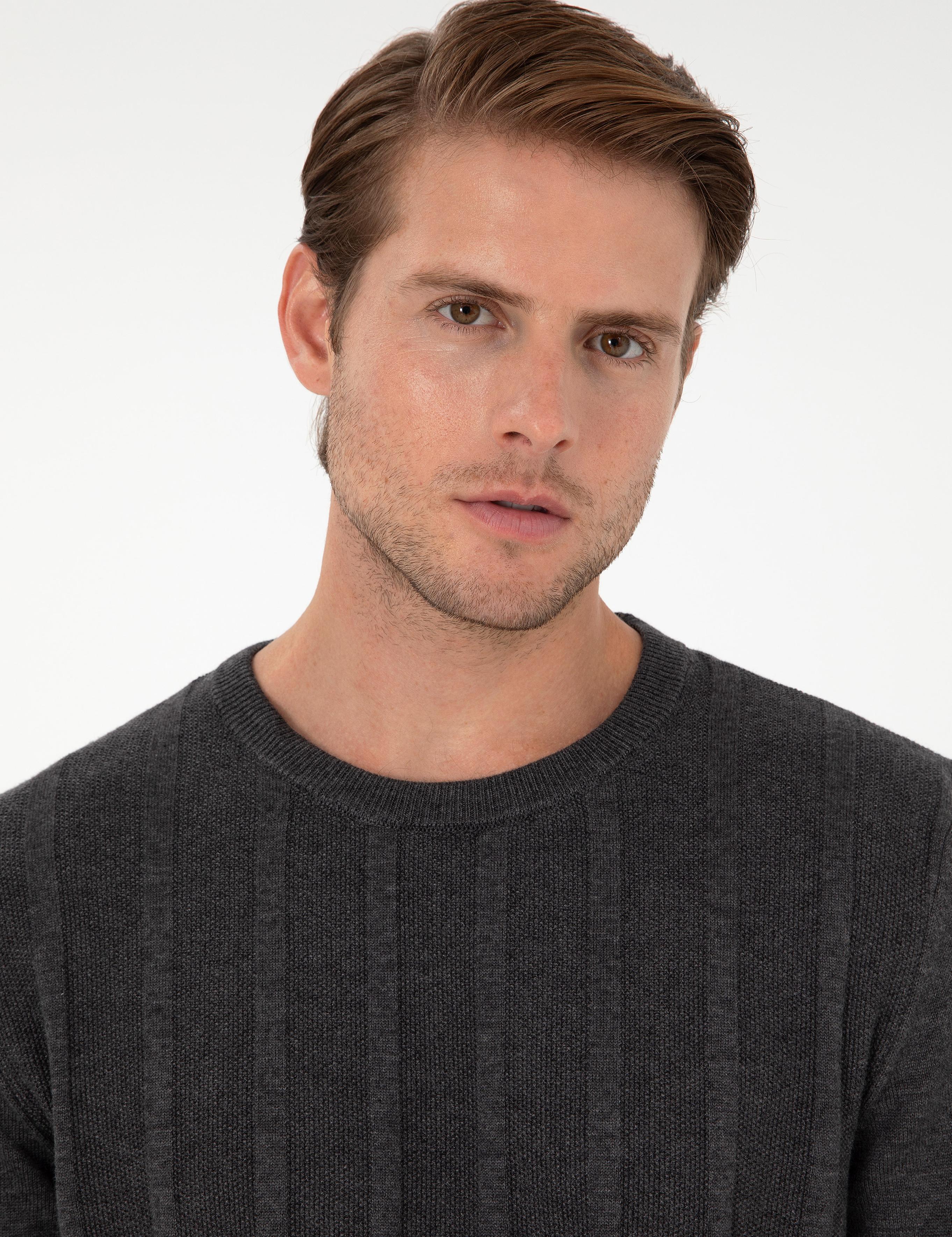 Antrasit Melanj Slim Fit Bisiklet Yaka Triko Kazak