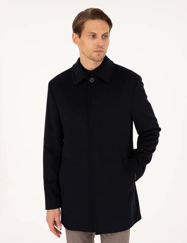 Lacivert Slim Fit Yün Karışımlı Kaşe Kaban